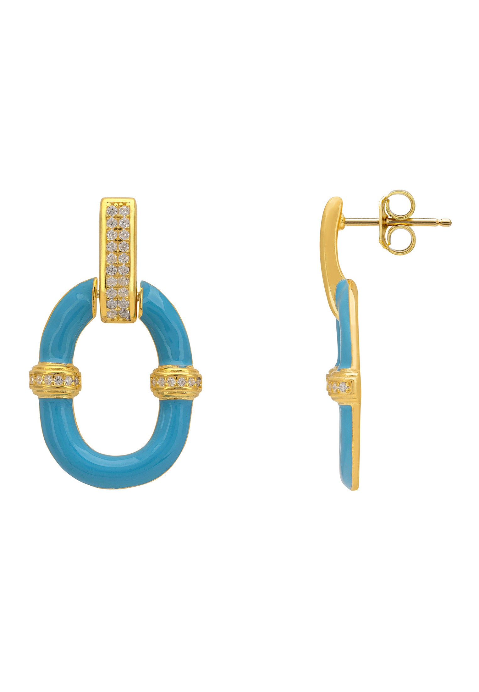 Gold and blue earrings on a white background