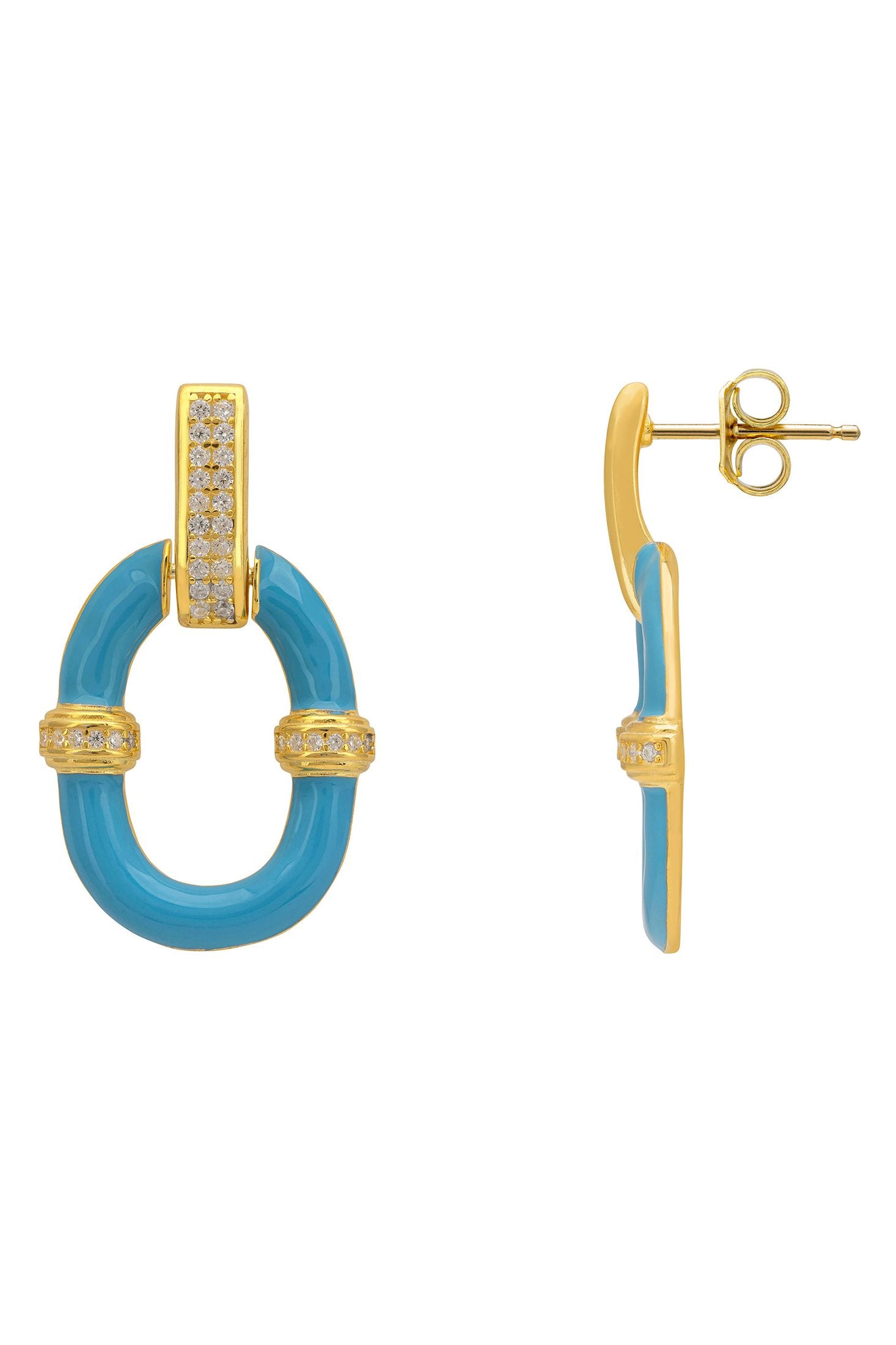 Gold and blue earrings on a white background