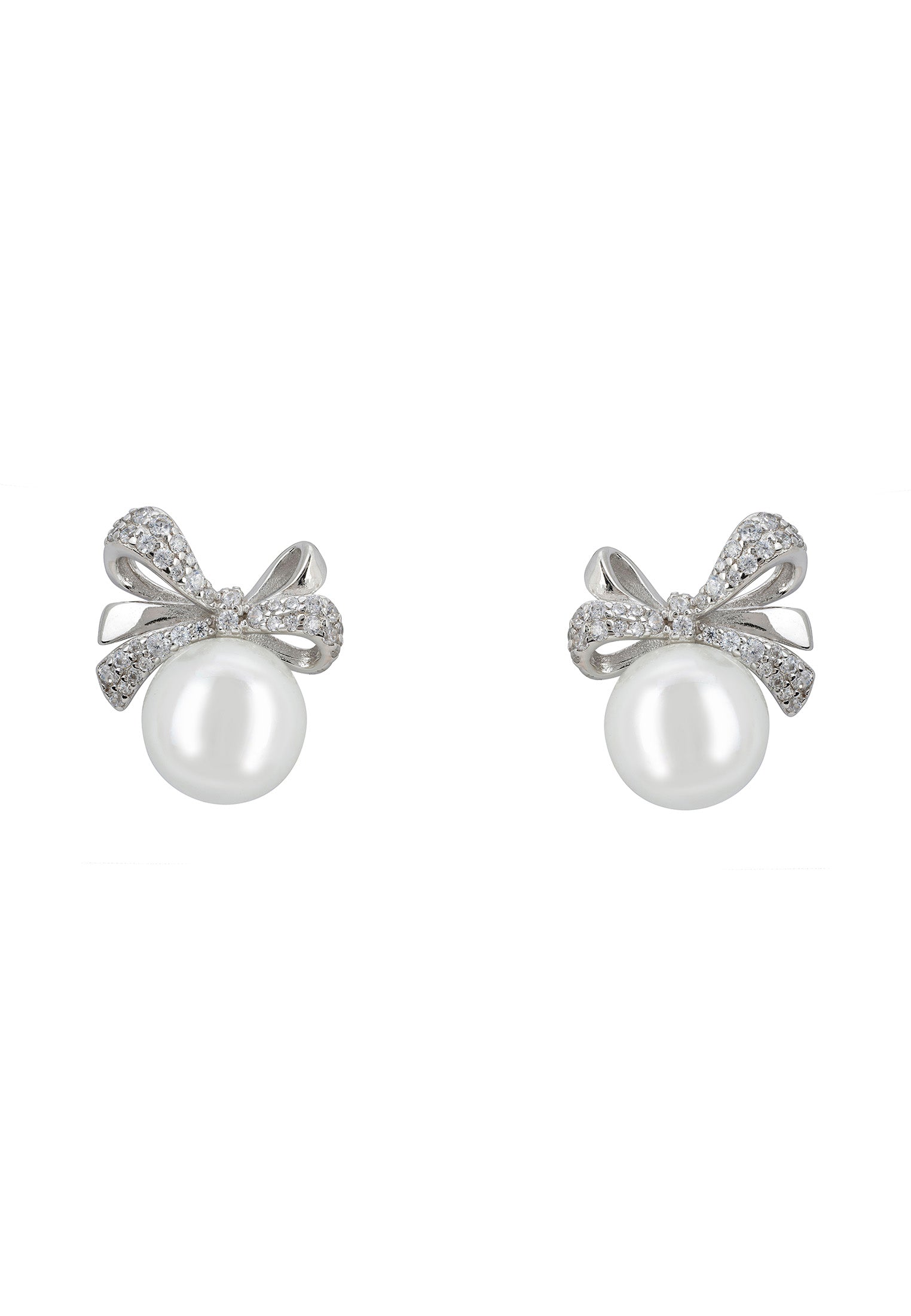 Pair of earrings with bow designs and pearl-like centers on a white background