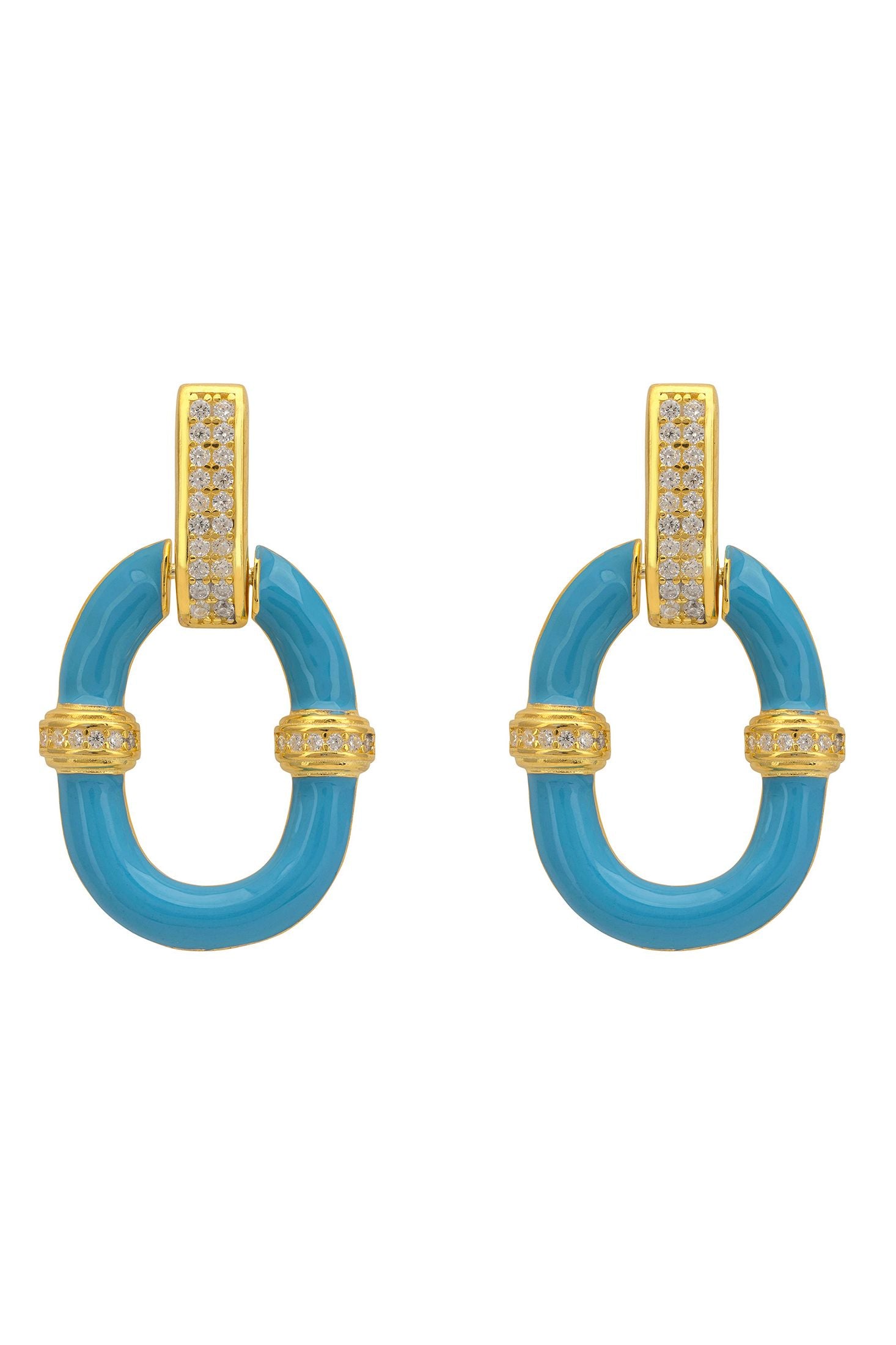 Pair of earrings with gold and blue design on a white background