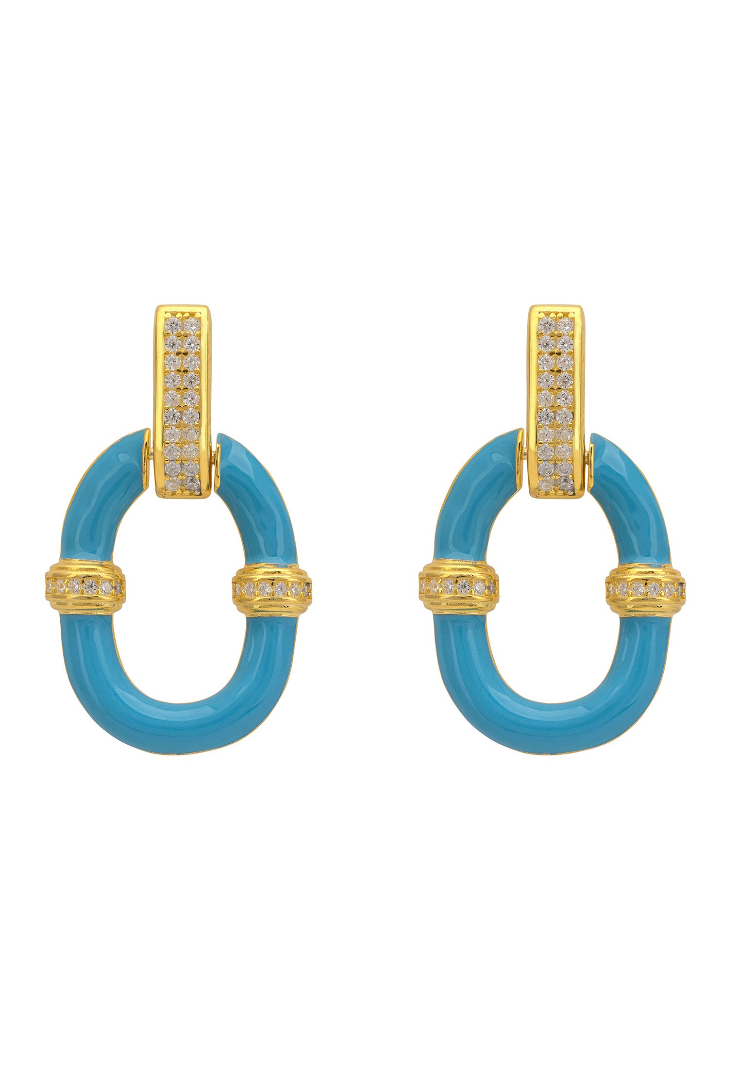Pair of earrings with gold and blue design on a white background