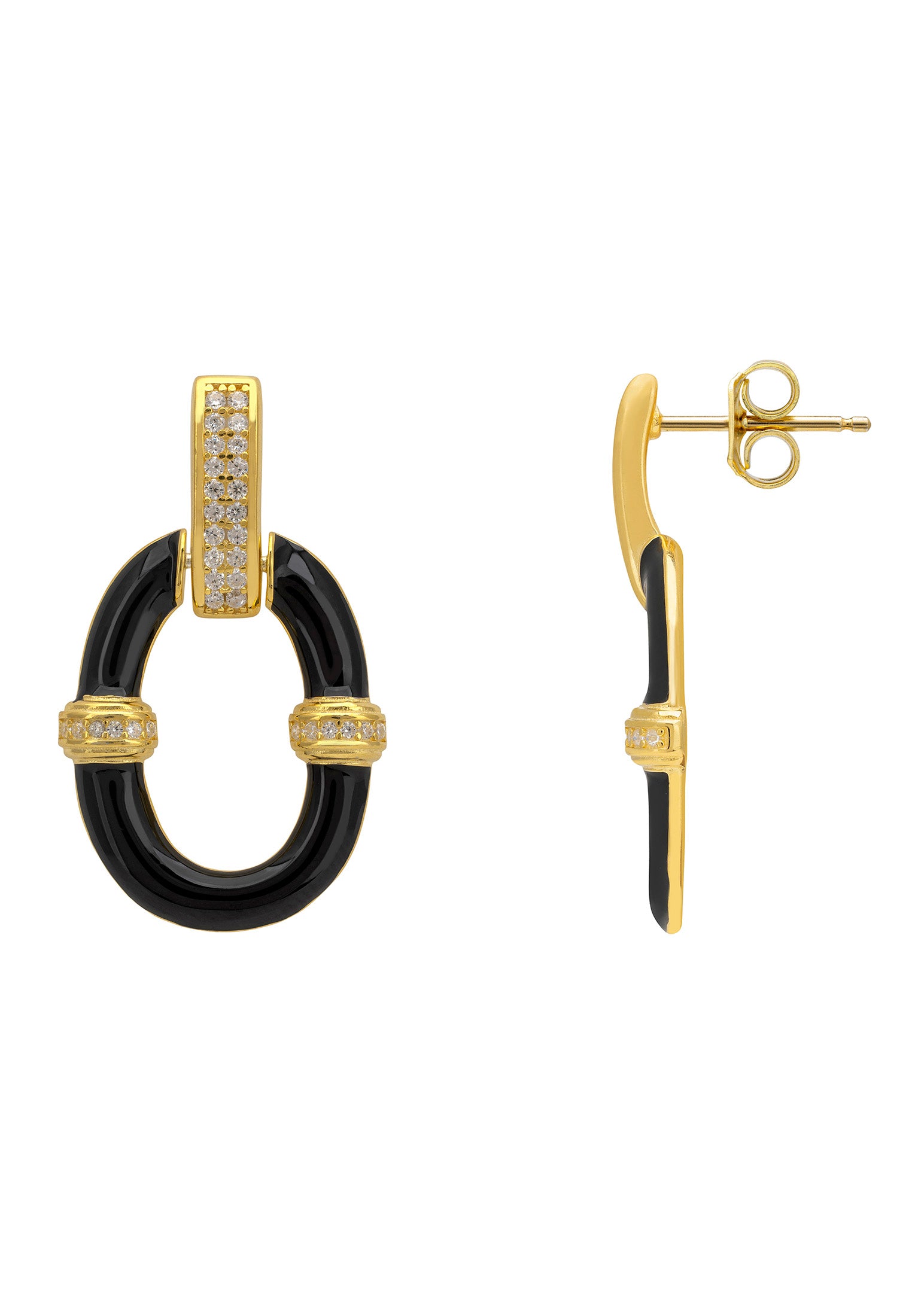 Gold and black earrings on a white background