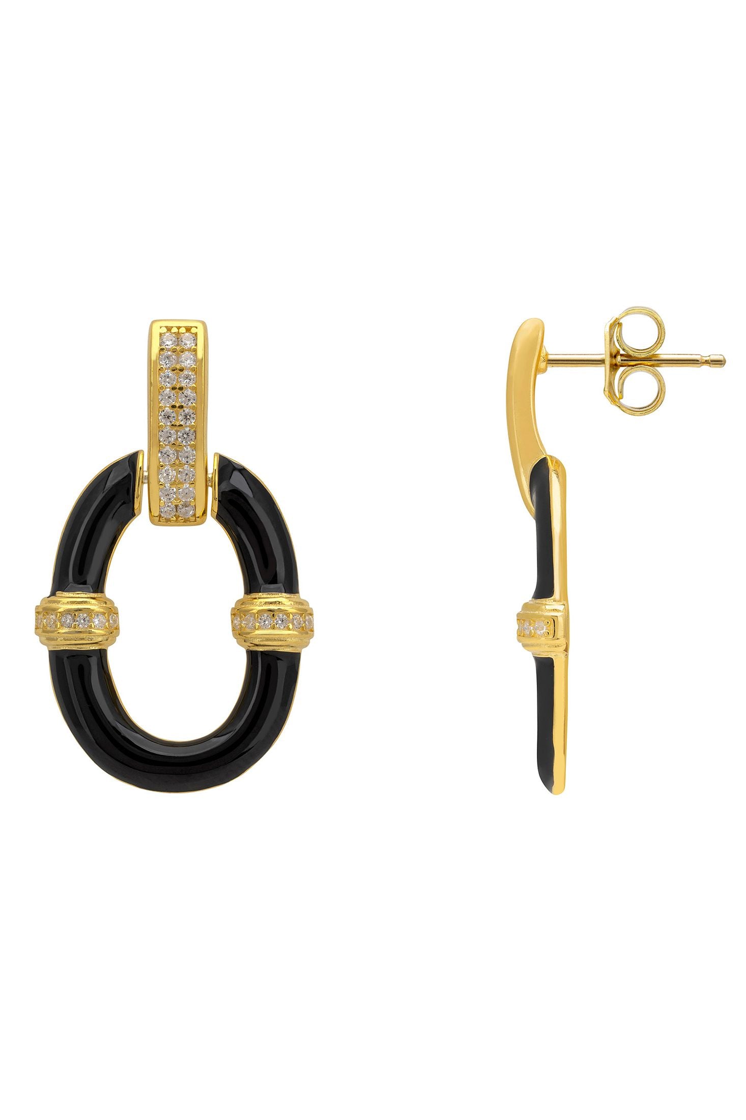 Gold and black earrings on a white background