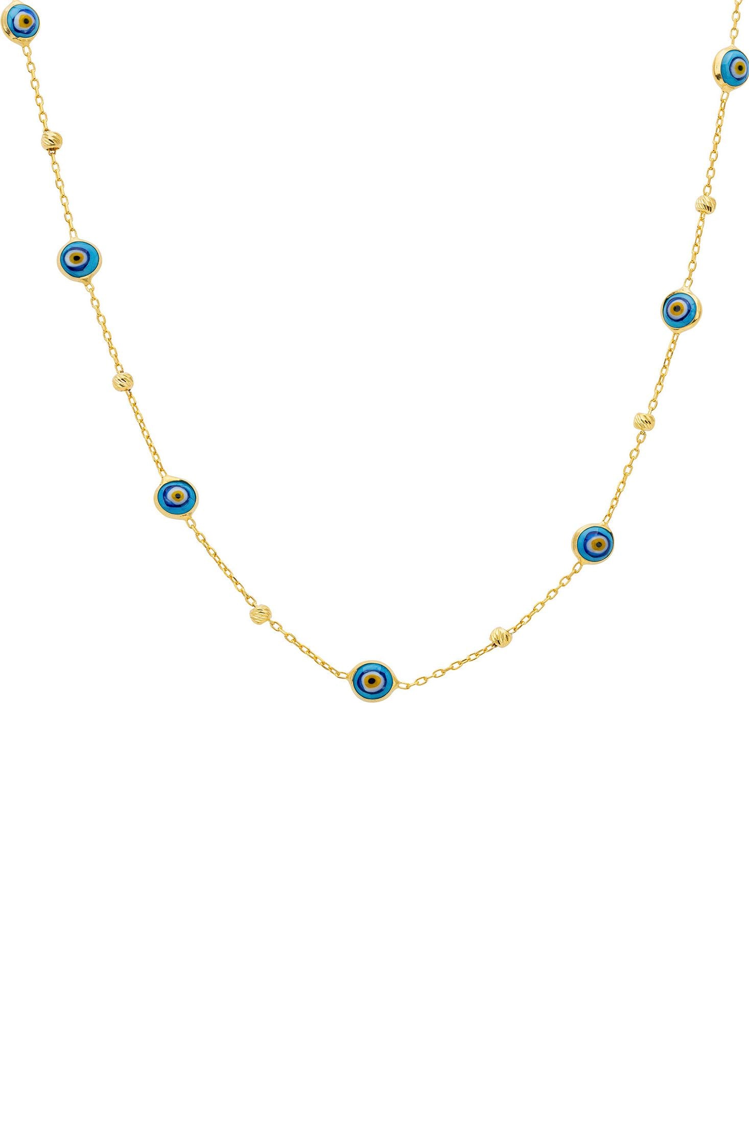 Front view of Evil Eye Blue Enamel Beaded Chain Choker Necklace Gold, showing evil eye design, gold finish.