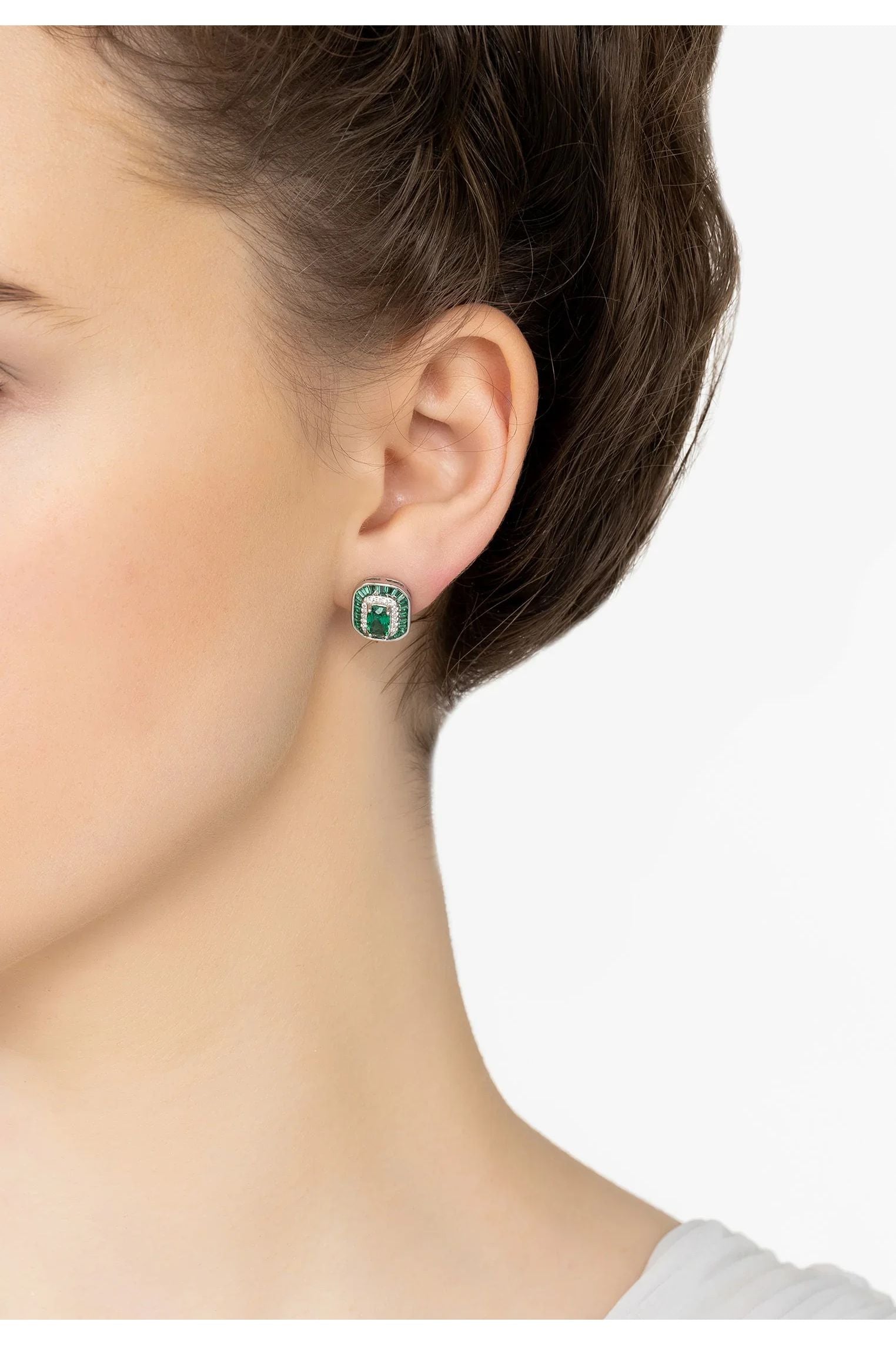 Great Gatsby Stud Earrings Emerald Silver