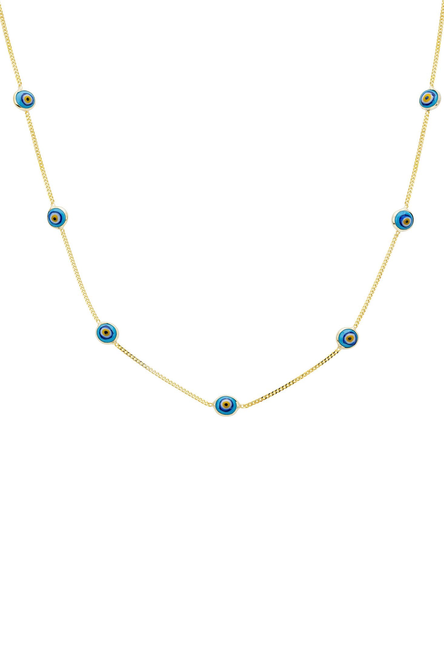 Front view of Evil Eye Blue Enamel Choker Necklace Gold, showing evil eye design, gold finish.
