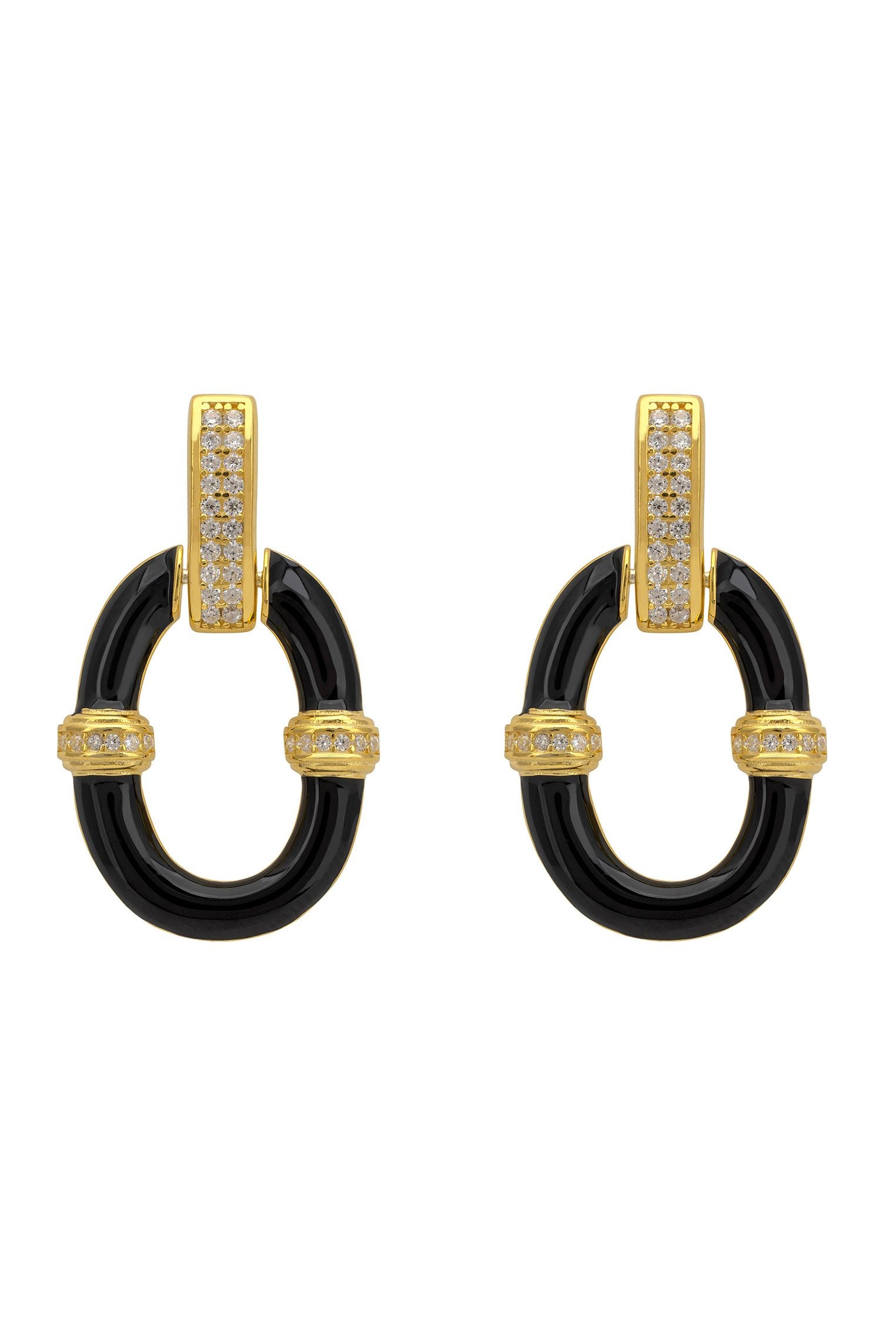 Black Enamel Oval Drop Earrings Gold