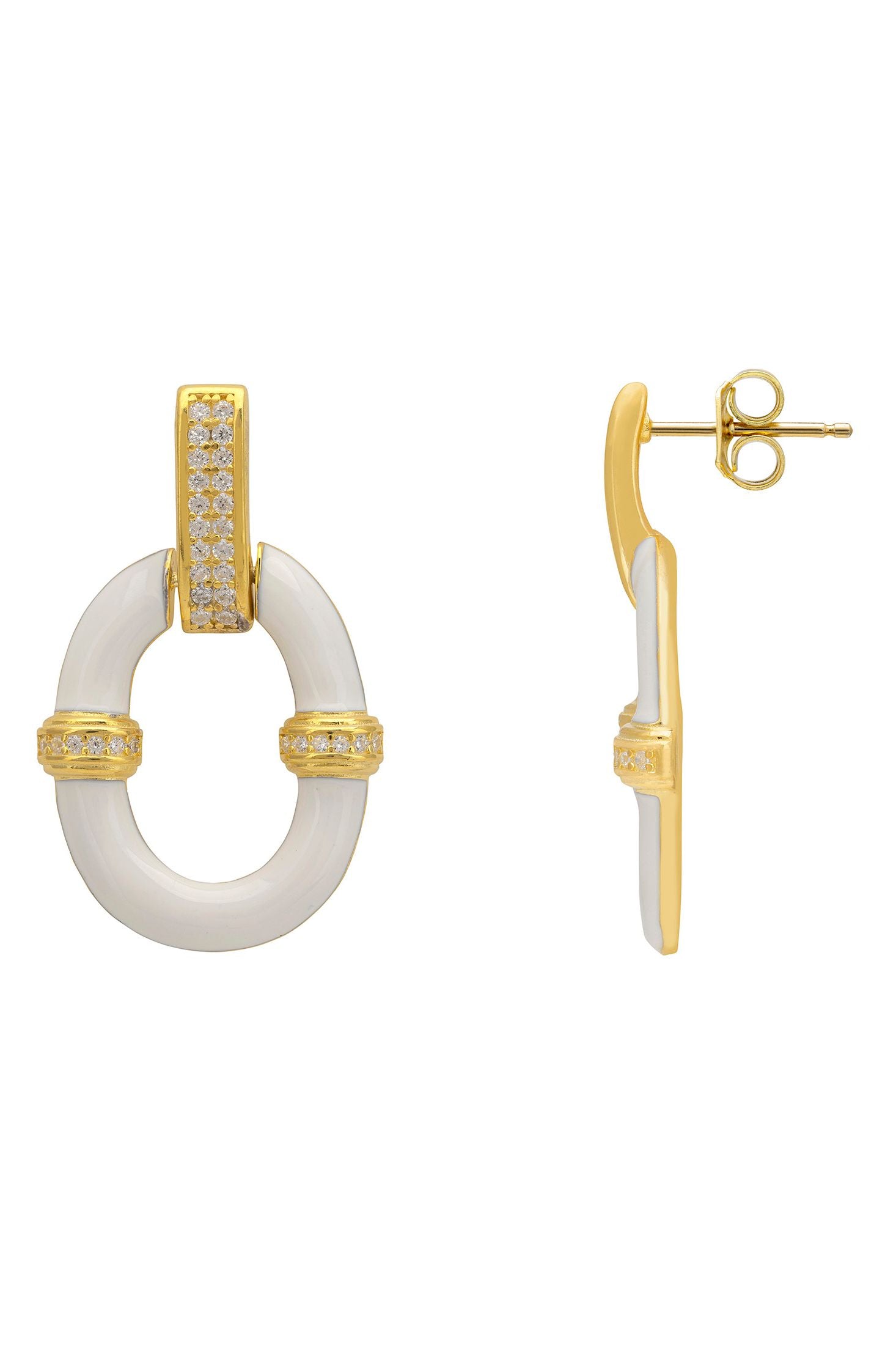 Gold and white drop earrings on a white background