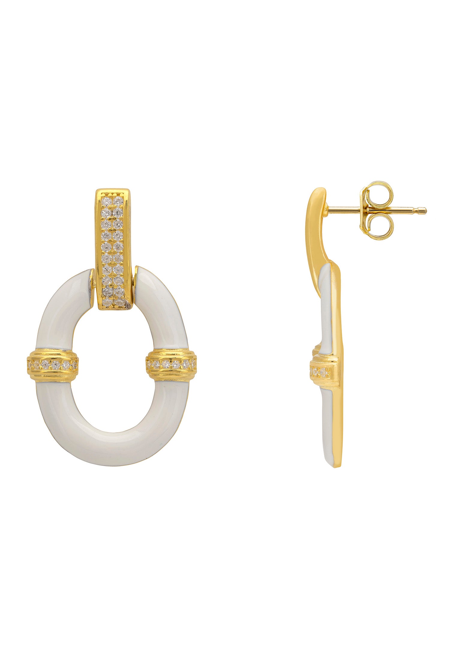 Pendientes colgantes ovalados de esmalte blanco dorado