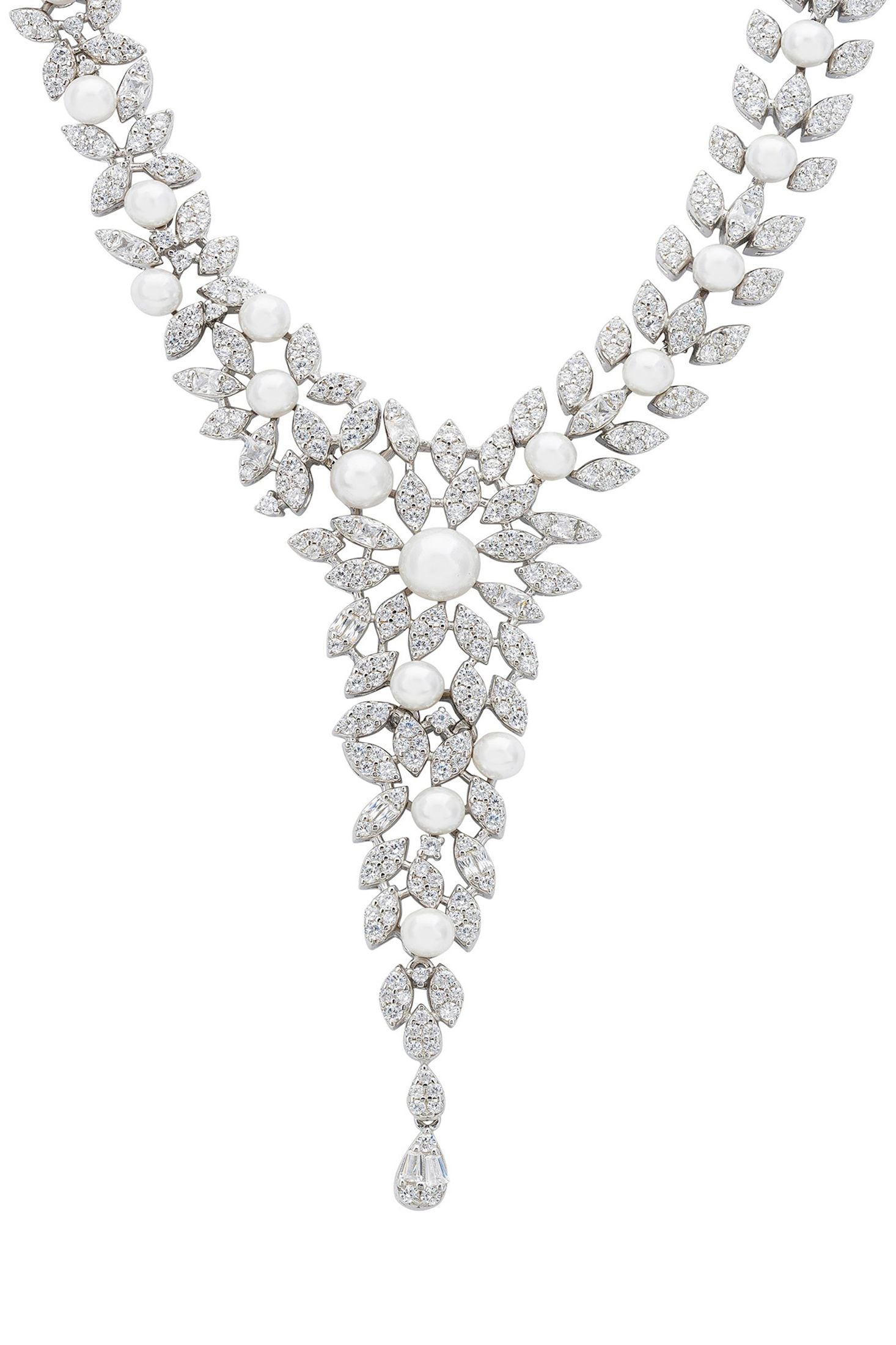 Front view of Marquise Statement Necklace Pearl Silver, showing floral design, majorica pearl and pearl detailing, silver finish.