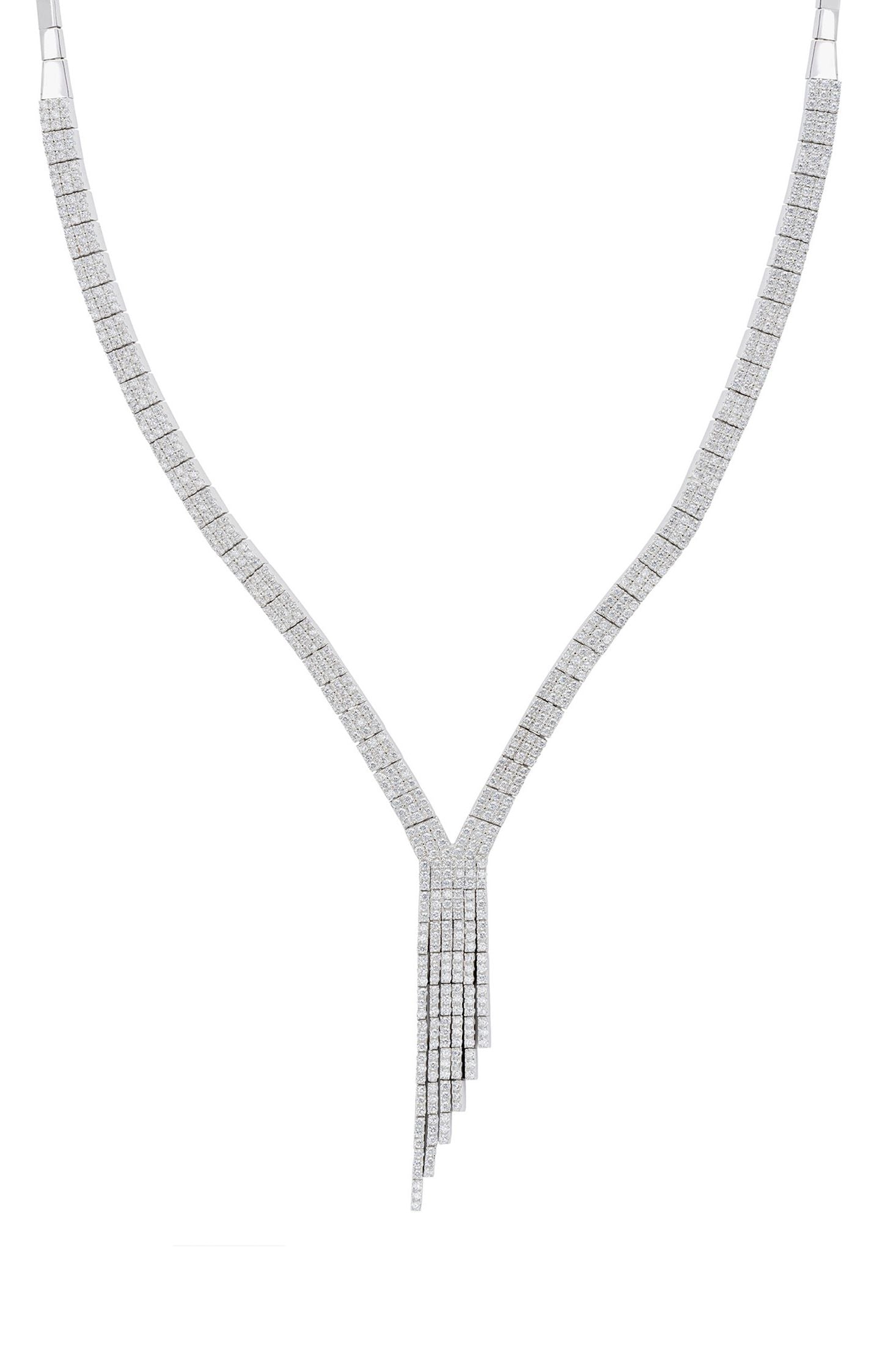 Front view of Charleston Statement Art Deco Tennis Necklace Silver, showing cat design, silver finish.