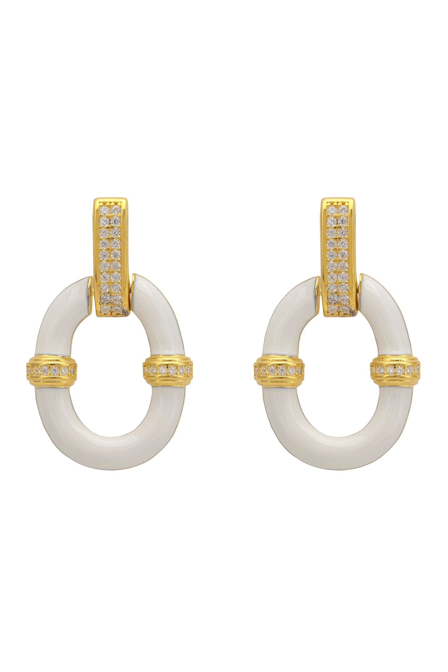 White Enamel Oval Drop Earrings Gold
