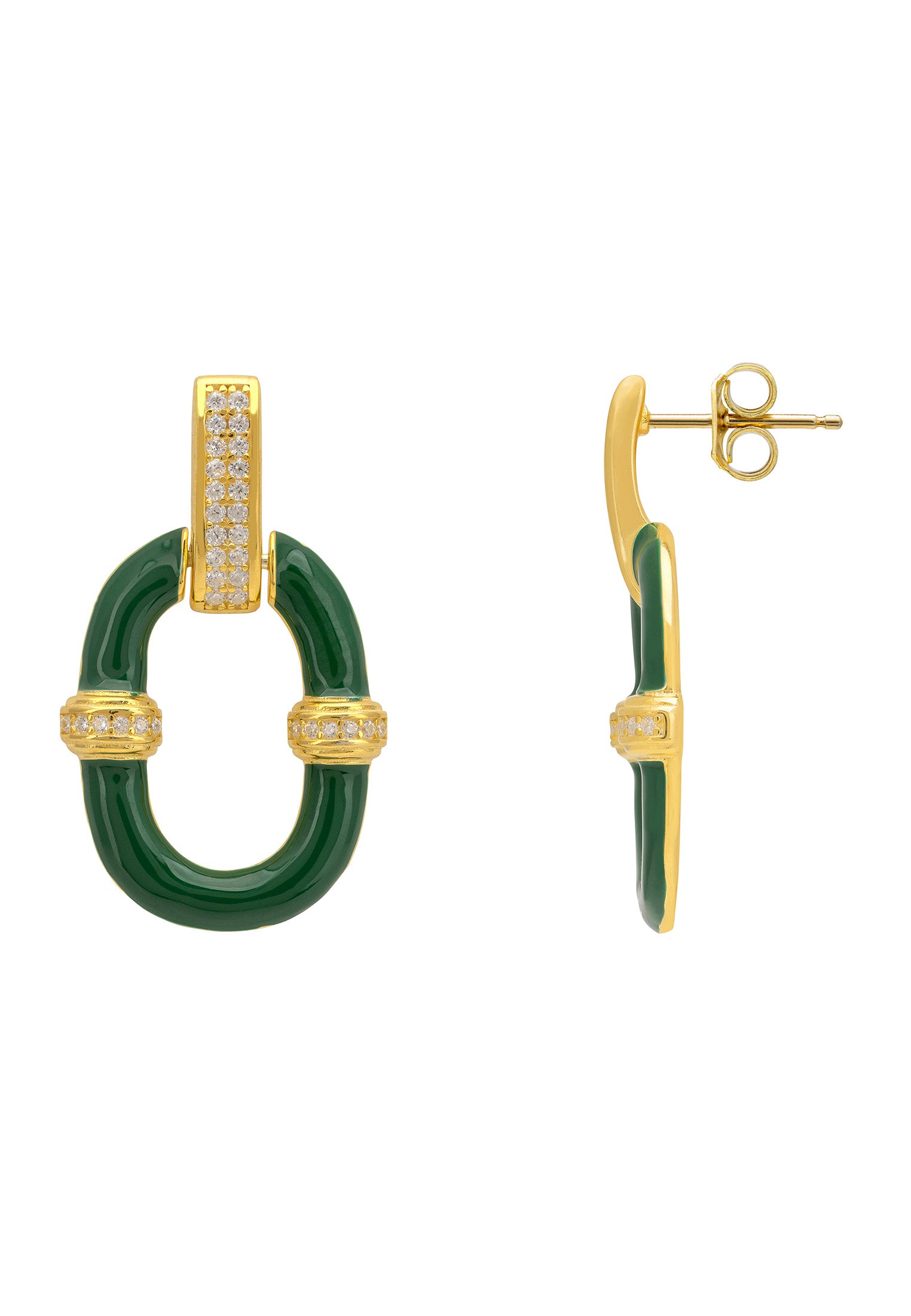 Gold and green earrings on a white background