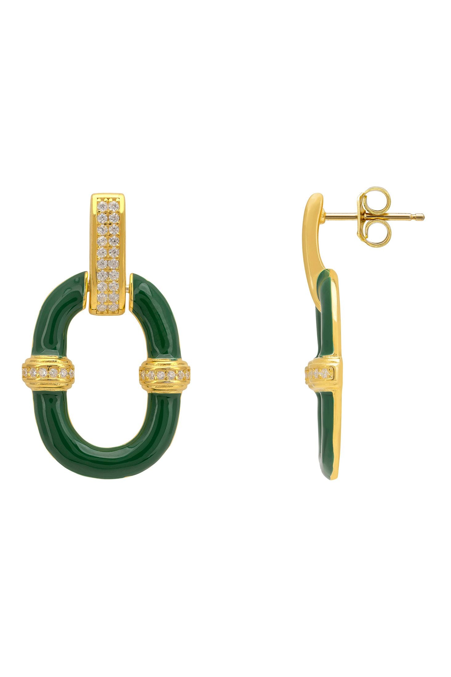Gold and green earrings on a white background