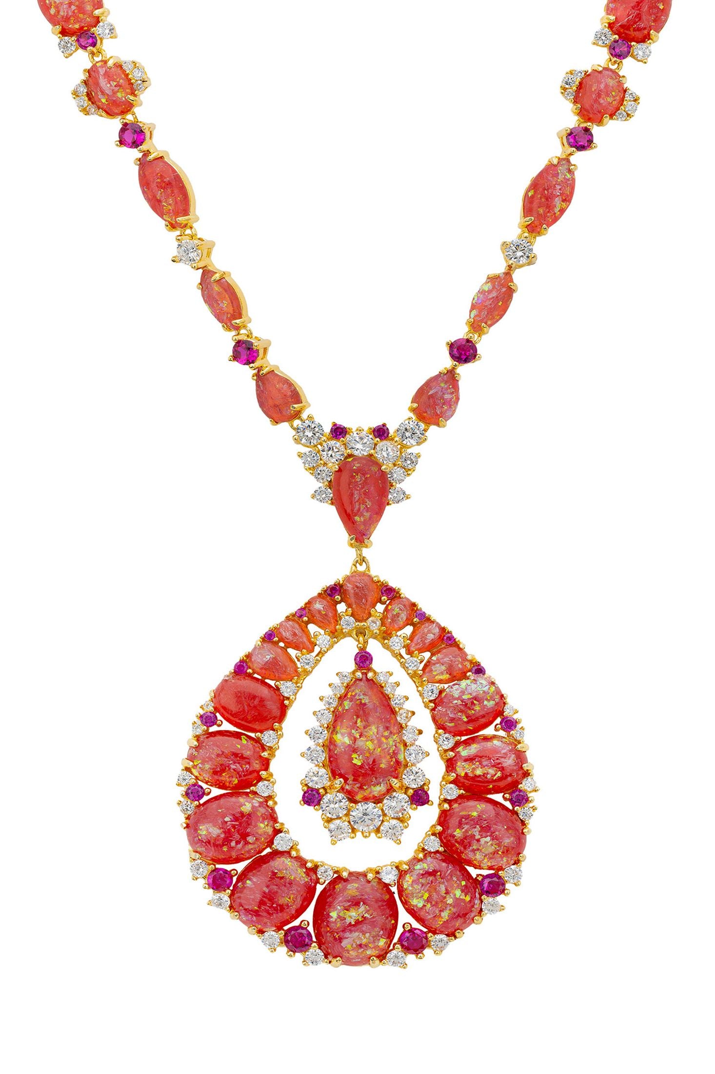Front view of Paloma Pink Opal Statement Necklace Gold, showing cat design, zirconia detailing, gold finish.