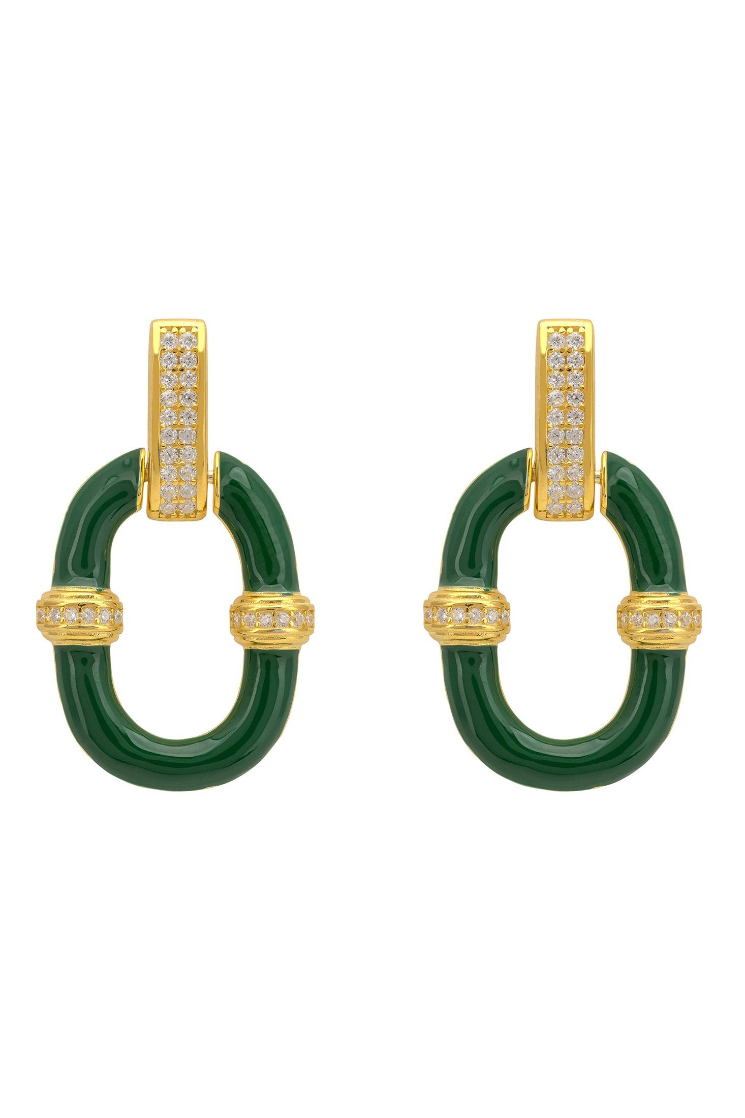 Pair of green earrings with gold accents on a white background