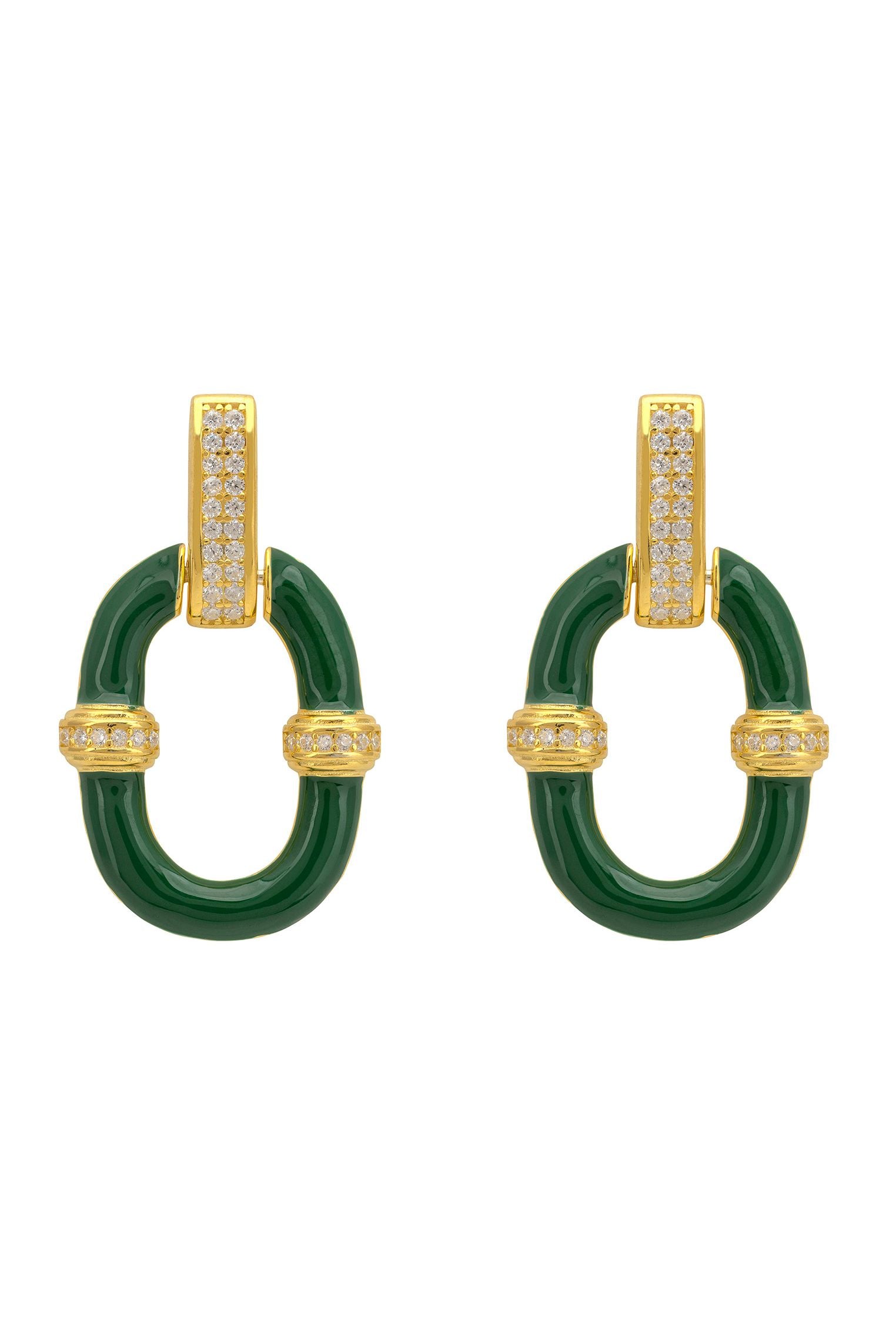 Pair of green earrings with gold accents on a white background