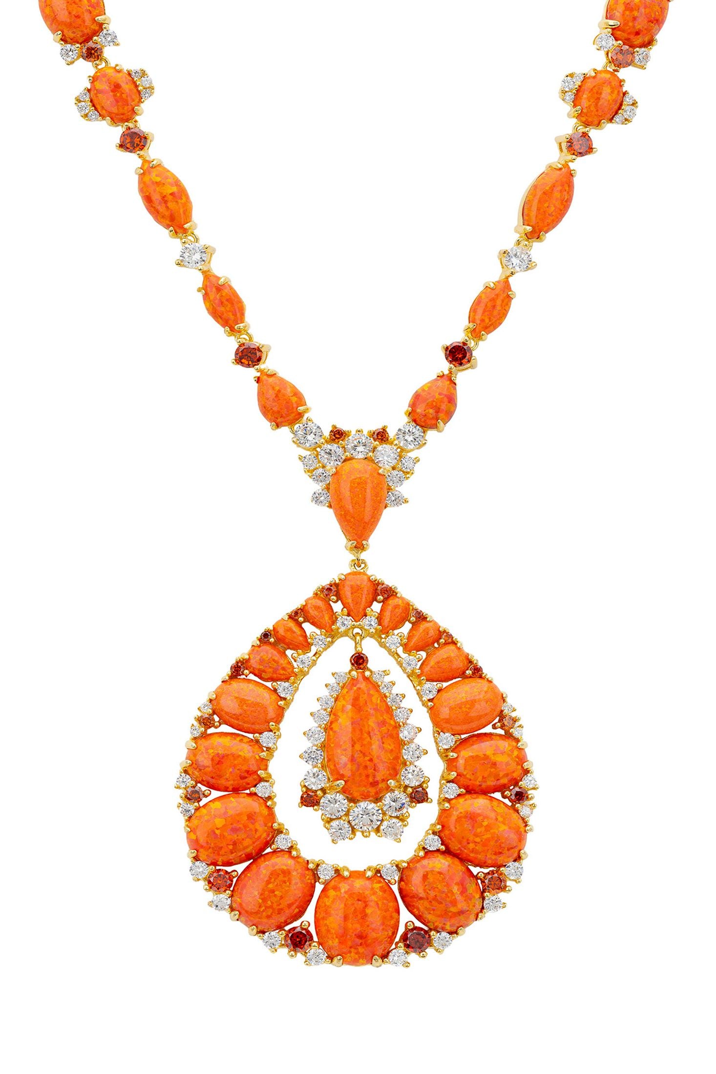 Front view of Paloma Fire Opal Statement Necklace Gold, showing cat design, zirconia and garnet detailing, gold finish.
