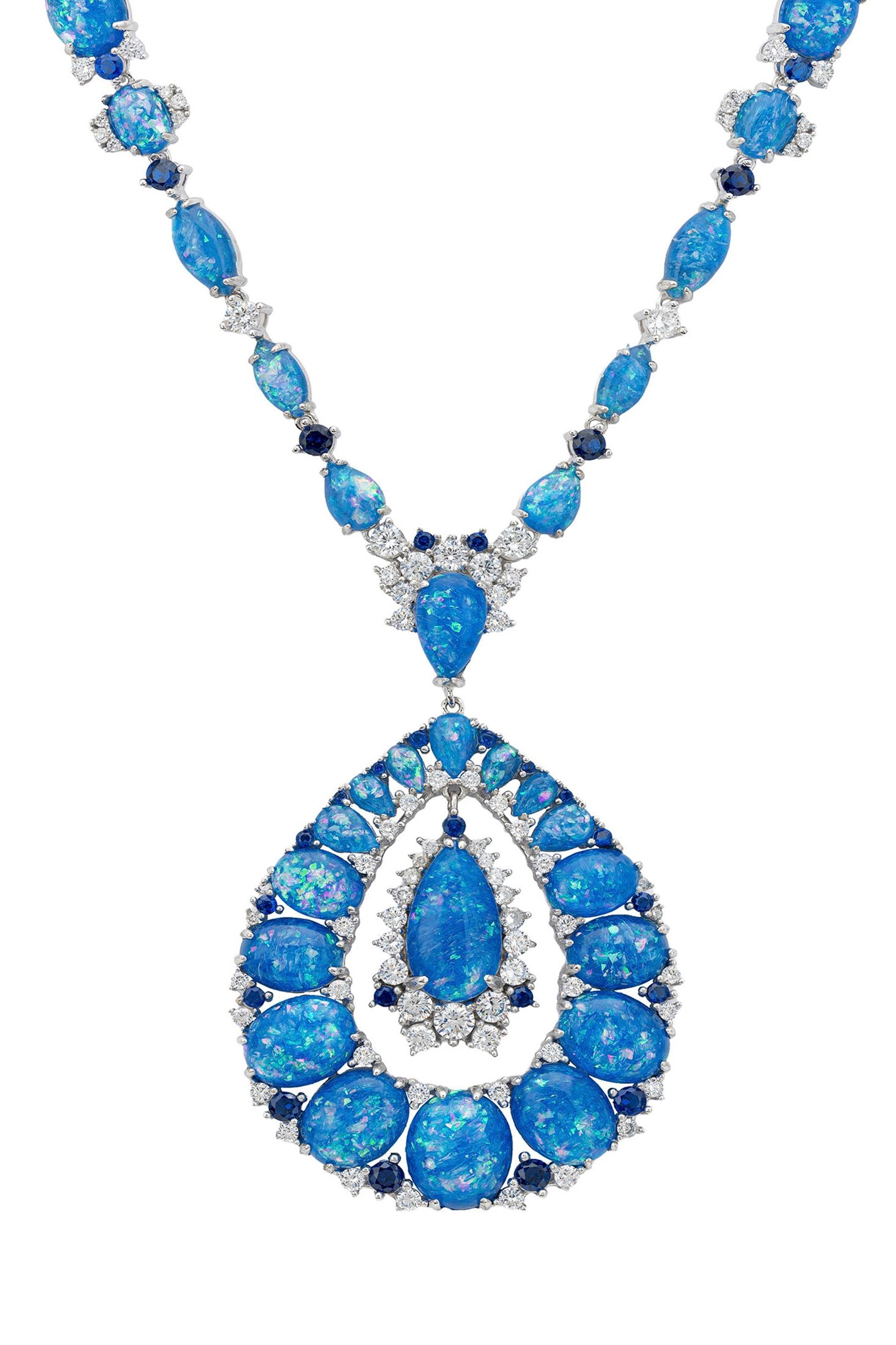 Front view of Paloma Blue Opal Statement Necklace Silver, showing cat design, sapphire detailing, silver finish.