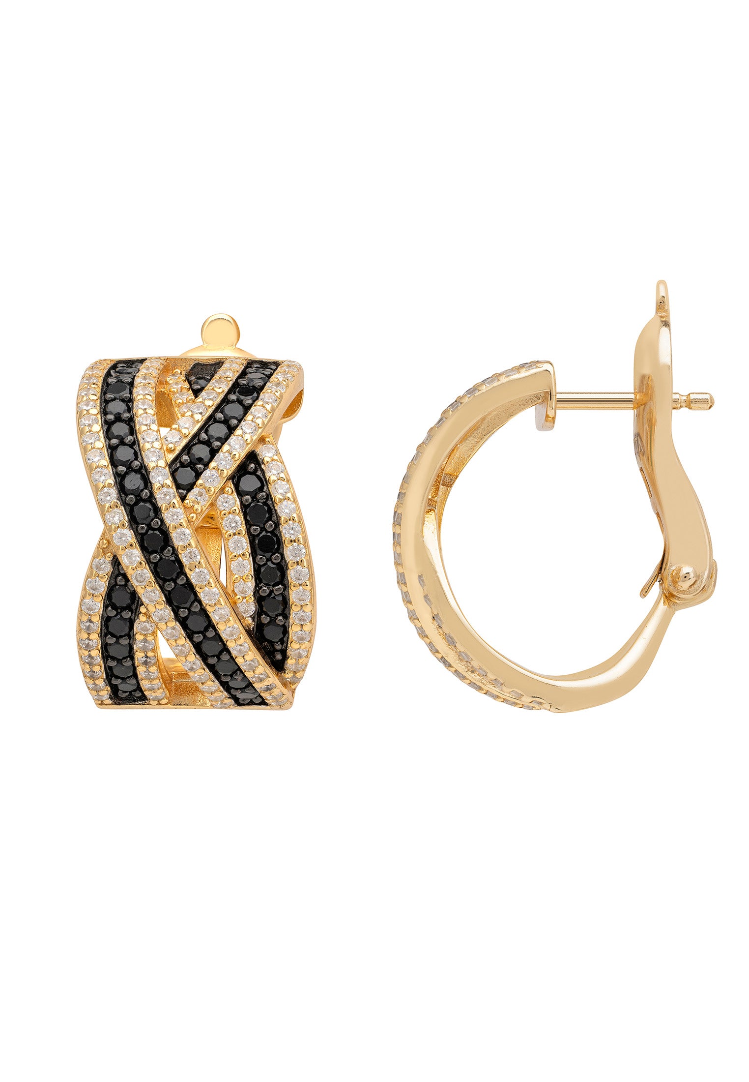 Gold hoop earrings with black gemstones on a white background