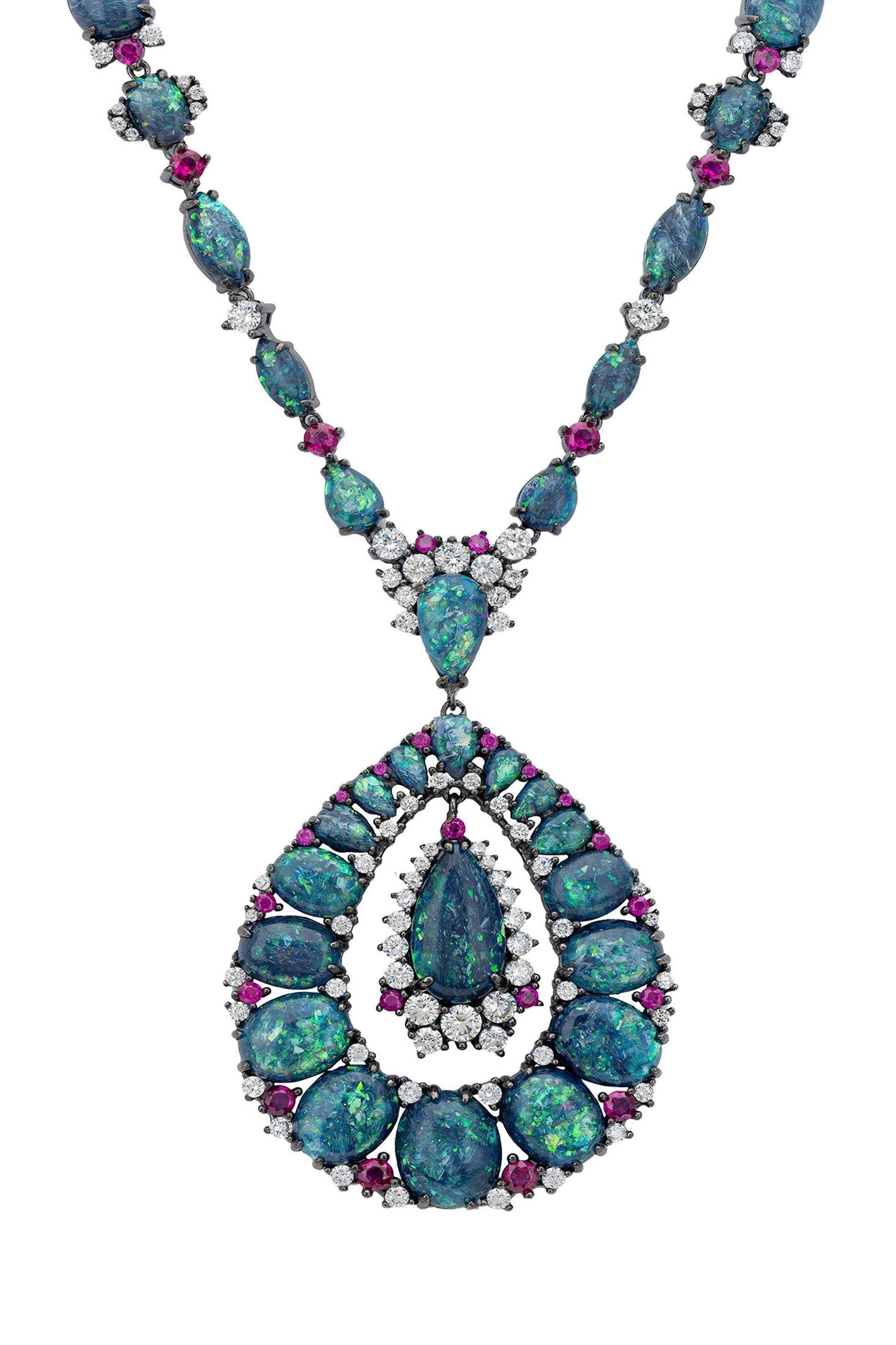 Front view of Paloma Green Opal Statement Necklace Silver Oxidised, showing cat design, zirconia detailing, silver finish.