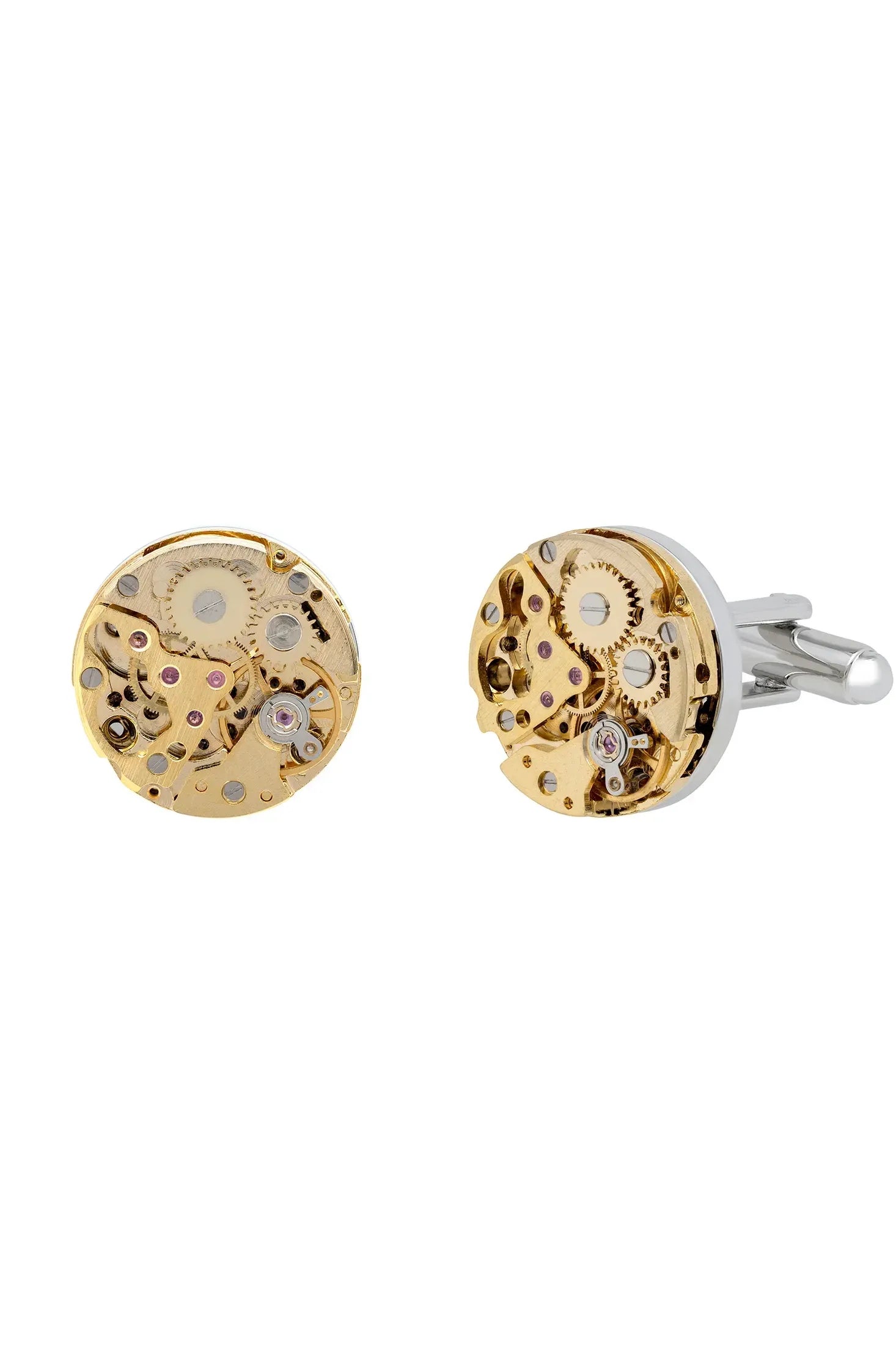 Silver and gold clockwork cufflinks.