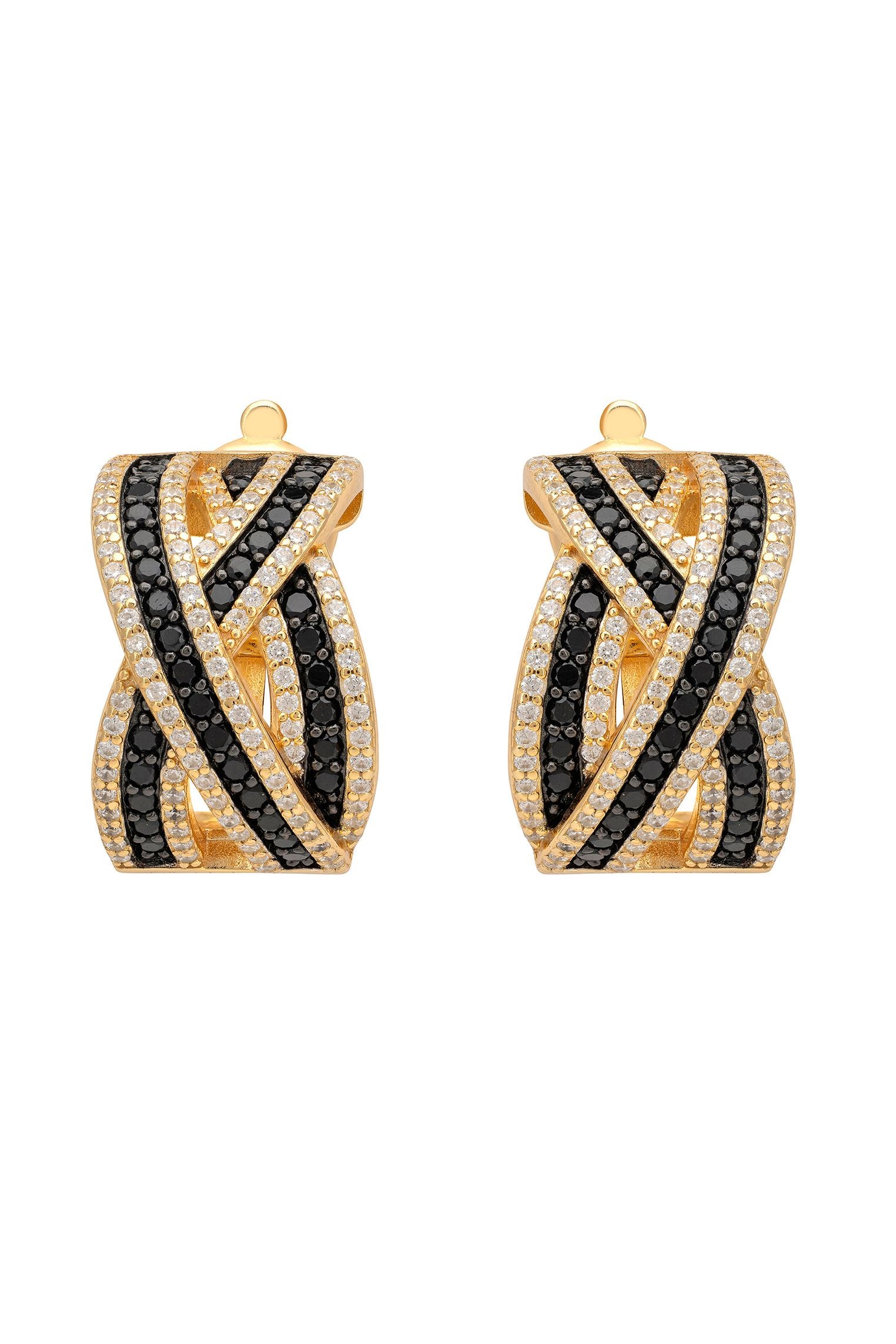 Crossover Hoop Earrings Black Cz Gold