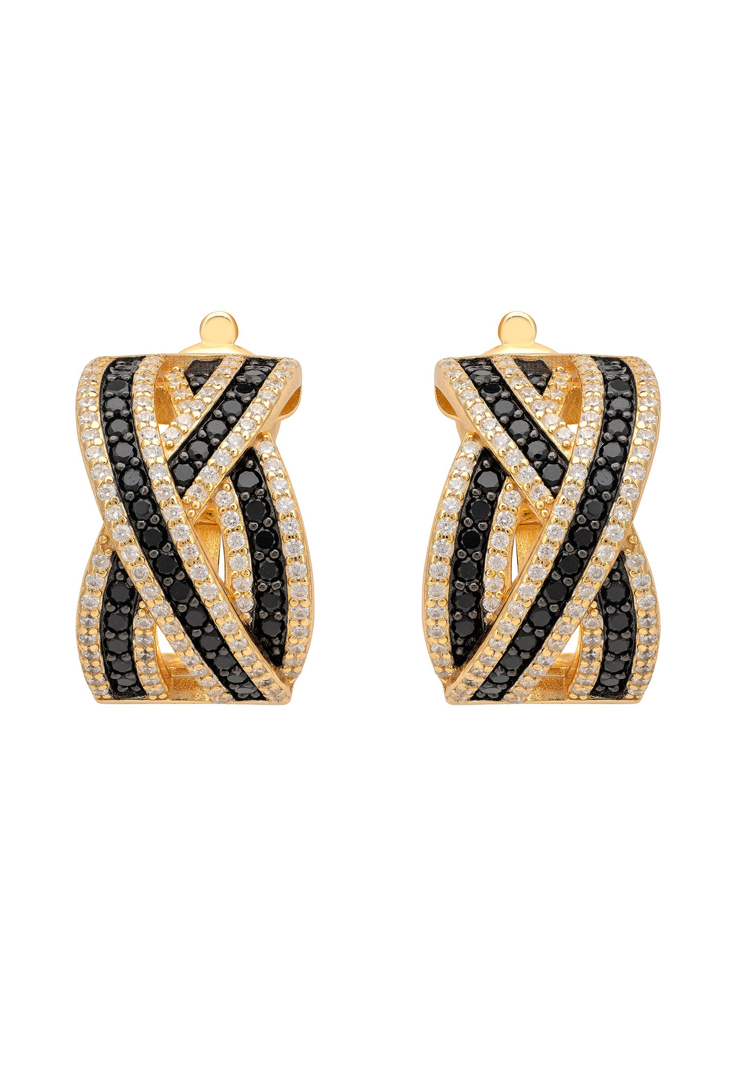Gold and black hoop earrings on a white background