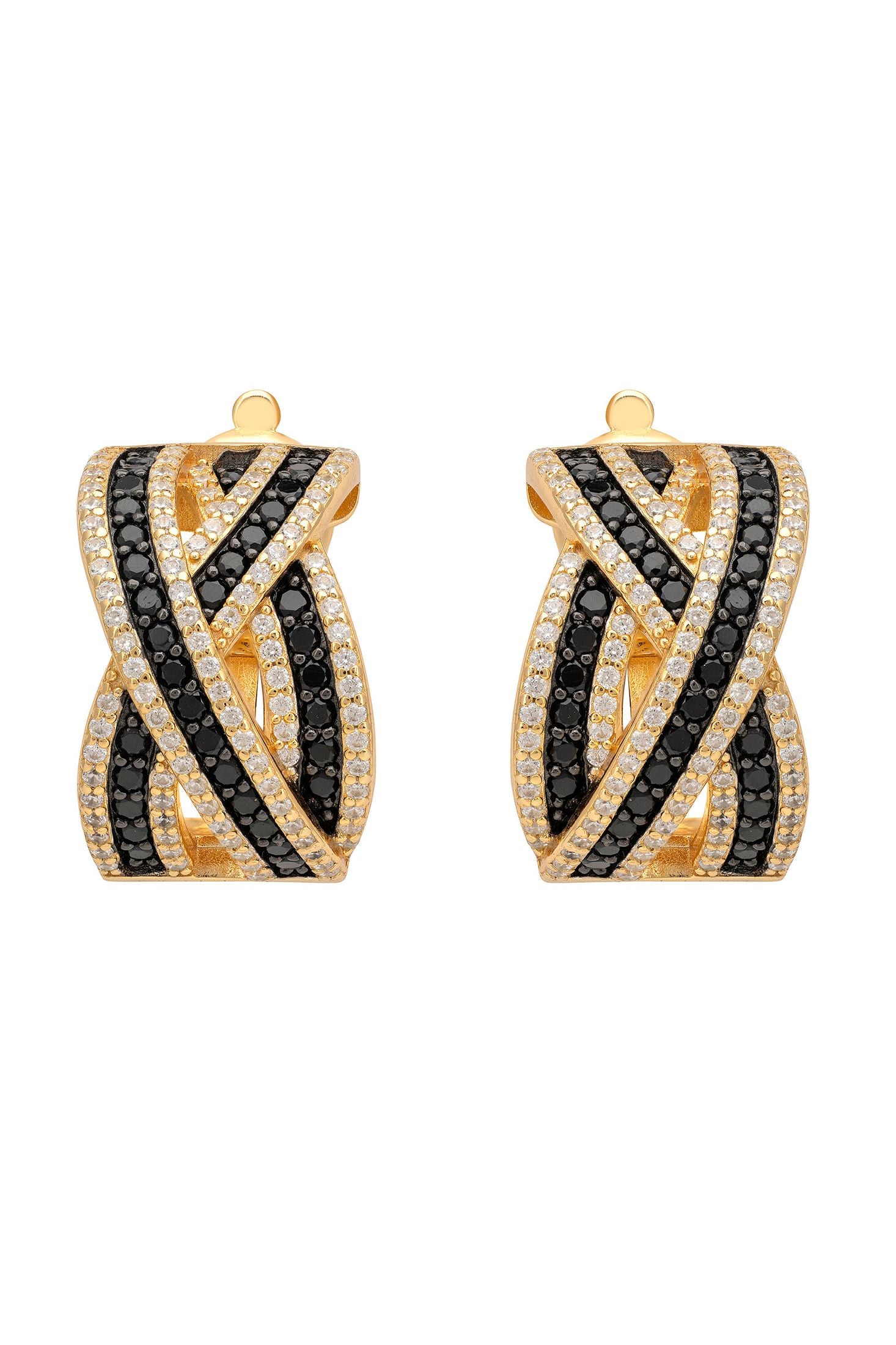 Gold and black hoop earrings on a white background