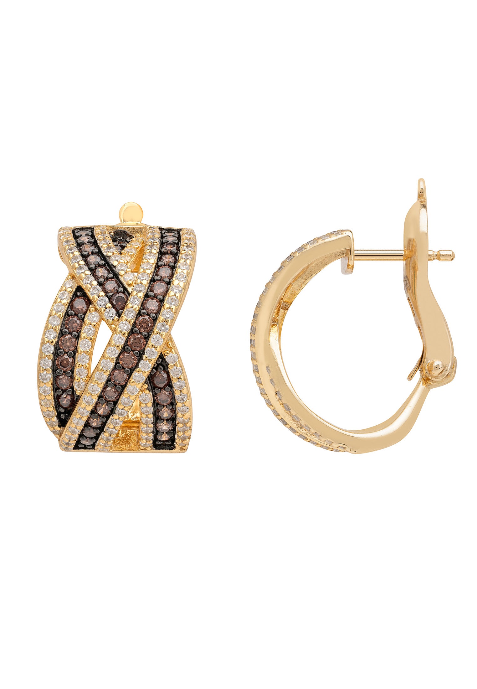 Gold hoop earrings with black and clear gemstones on a white background
