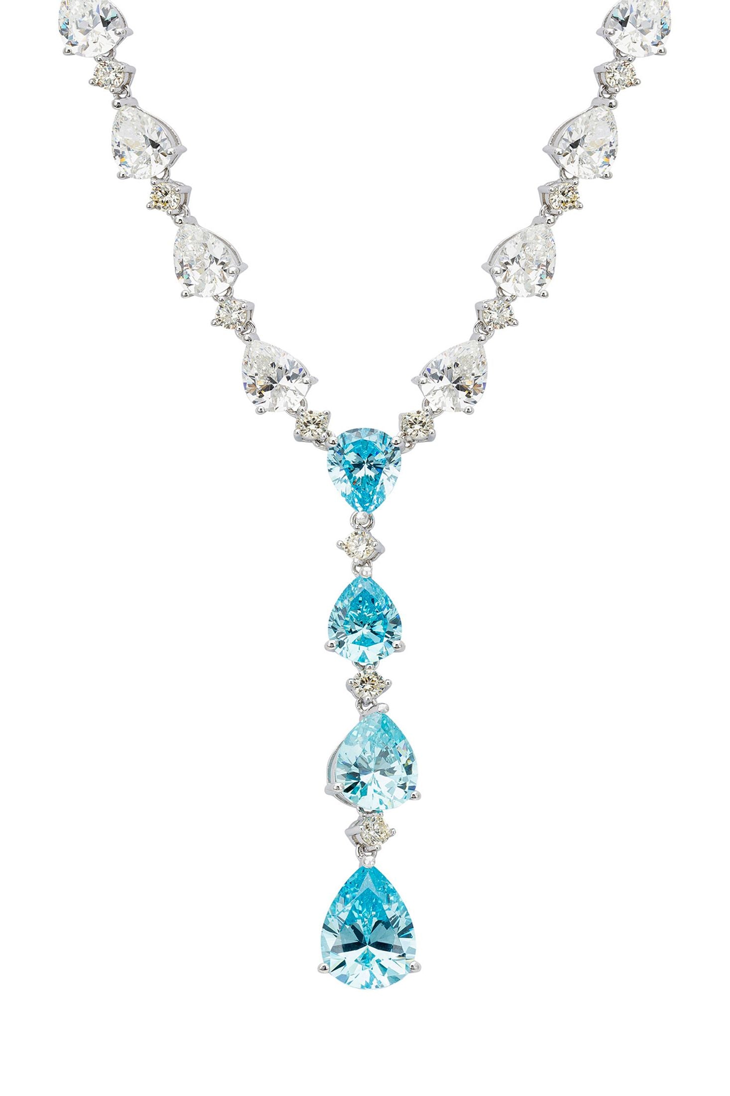 Front view of Elizabeth Statement Necklace Blue Topaz Silver, showing cat design, blue topaz detailing, silver finish.