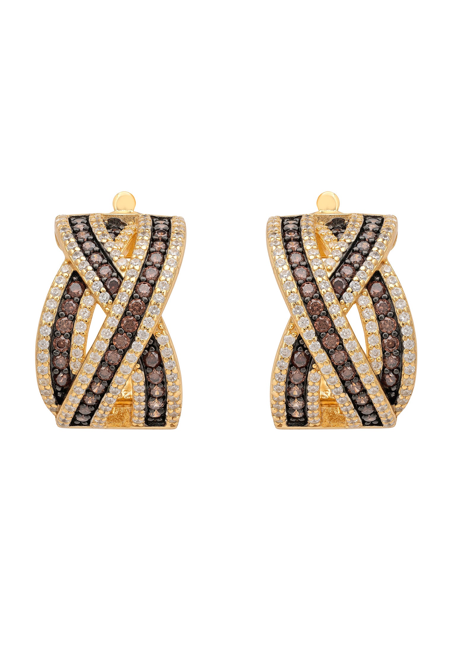 Pair of gold and black earrings on a white background