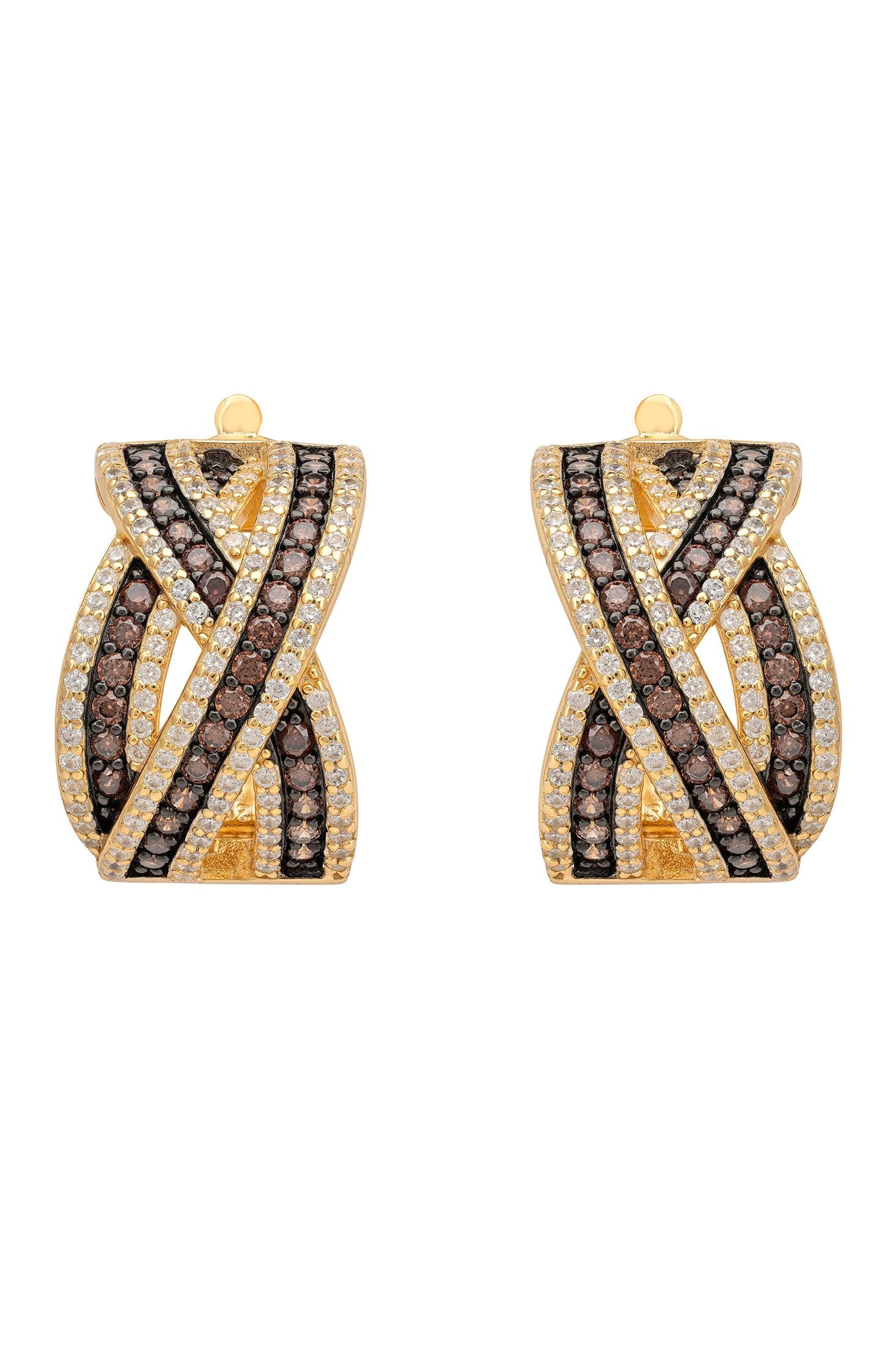 Pair of gold and black earrings on a white background