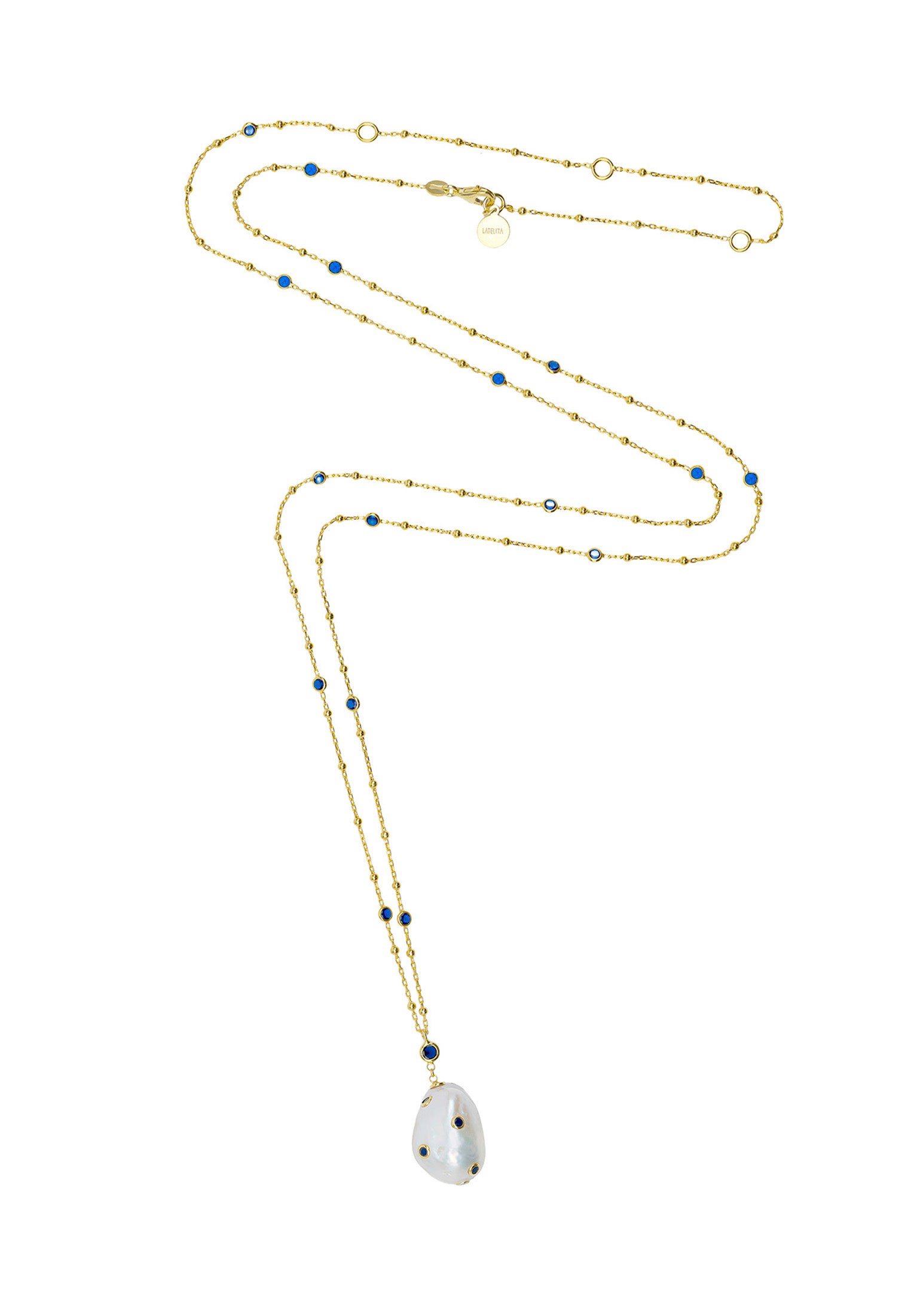 Polka Dot Baroque Pearl Long Necklace Gold Sapphire