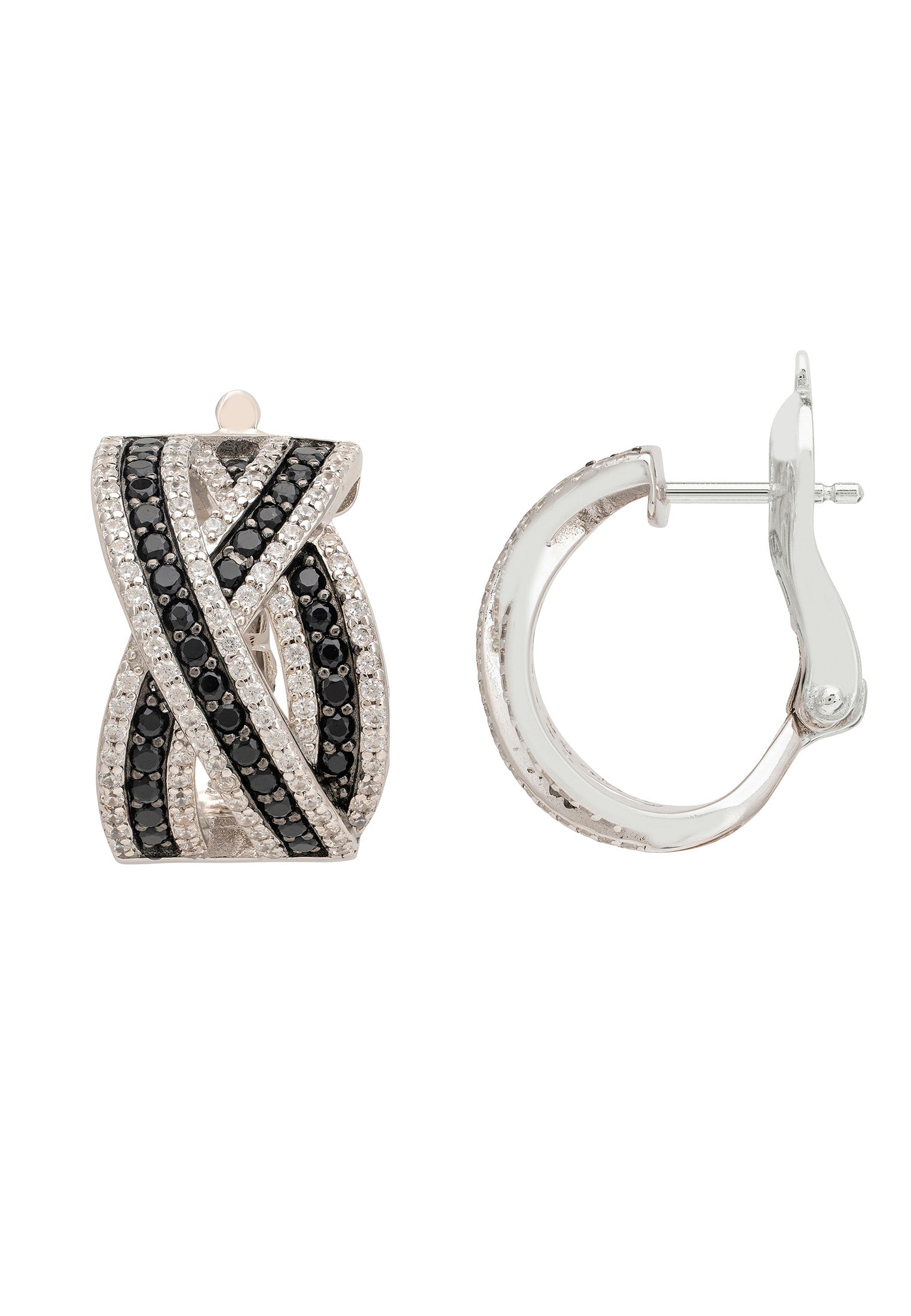 Pair of silver hoop earrings with black and white gemstones on a white background