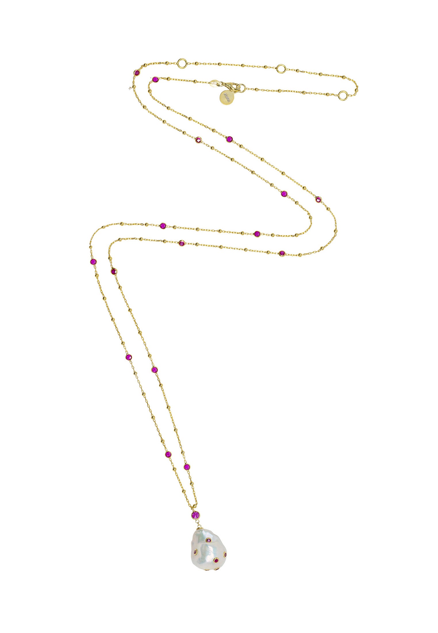 Polka Dot Baroque Pearl Long Necklace Gold Ruby