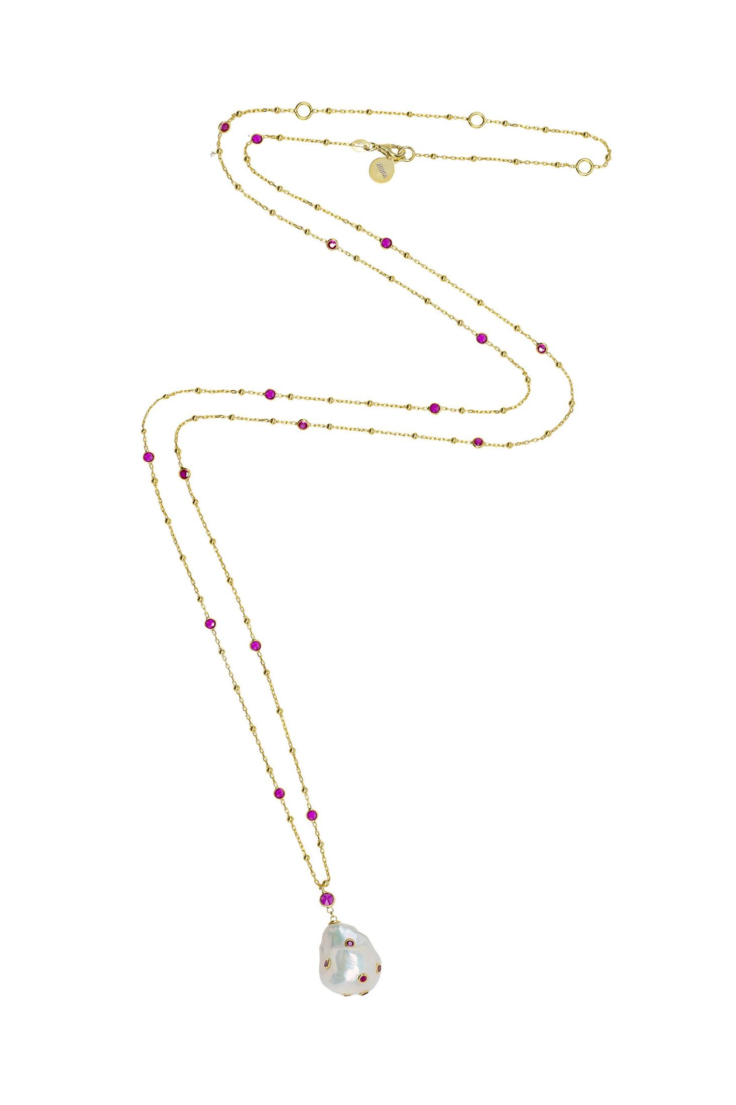 Angled view of Polka Dot Baroque Pearl Long Necklace Gold Ruby, showing baroque pearl and pearl detailing, gold finish and the jewellery profile.