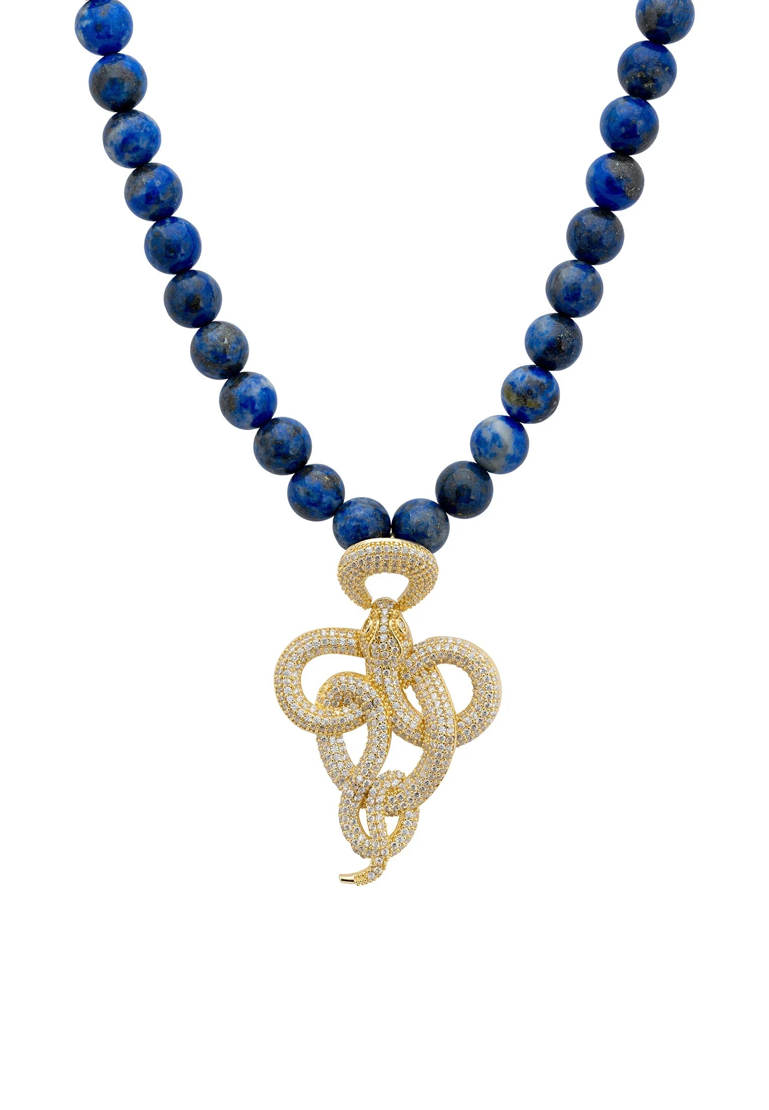 Close-up of the gold snake blue bead necklace.