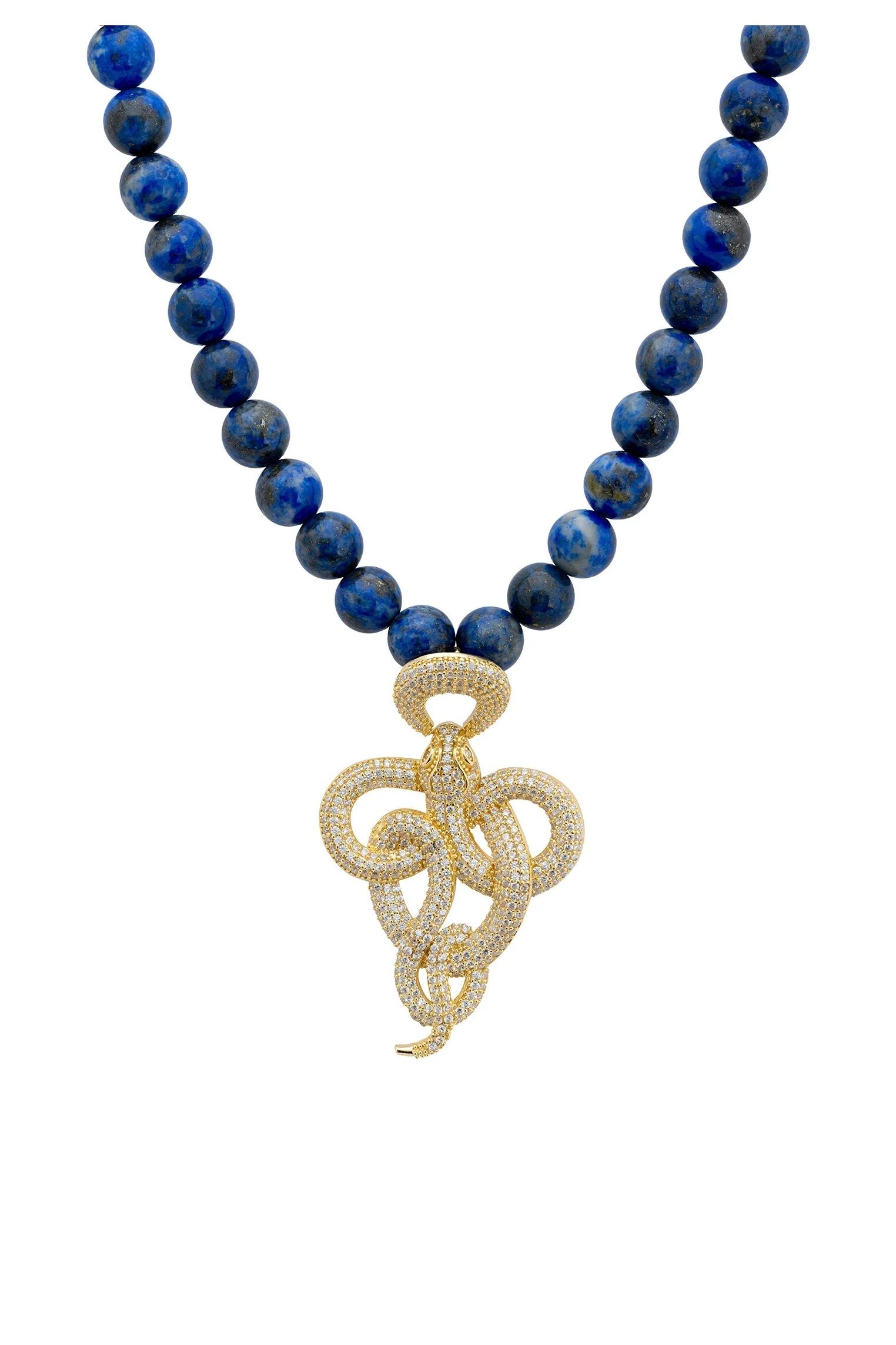 Close-up of the gold snake blue bead necklace.
