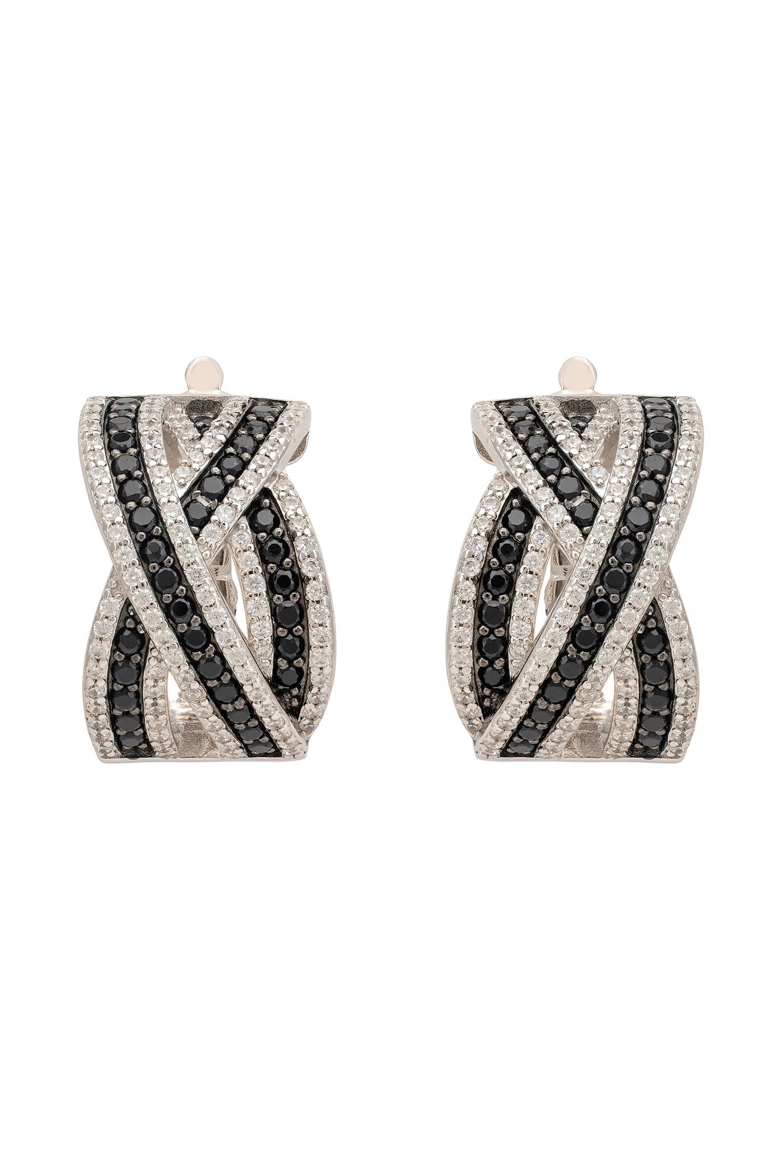 Crossover Hoop Earrings Black Cz Silver