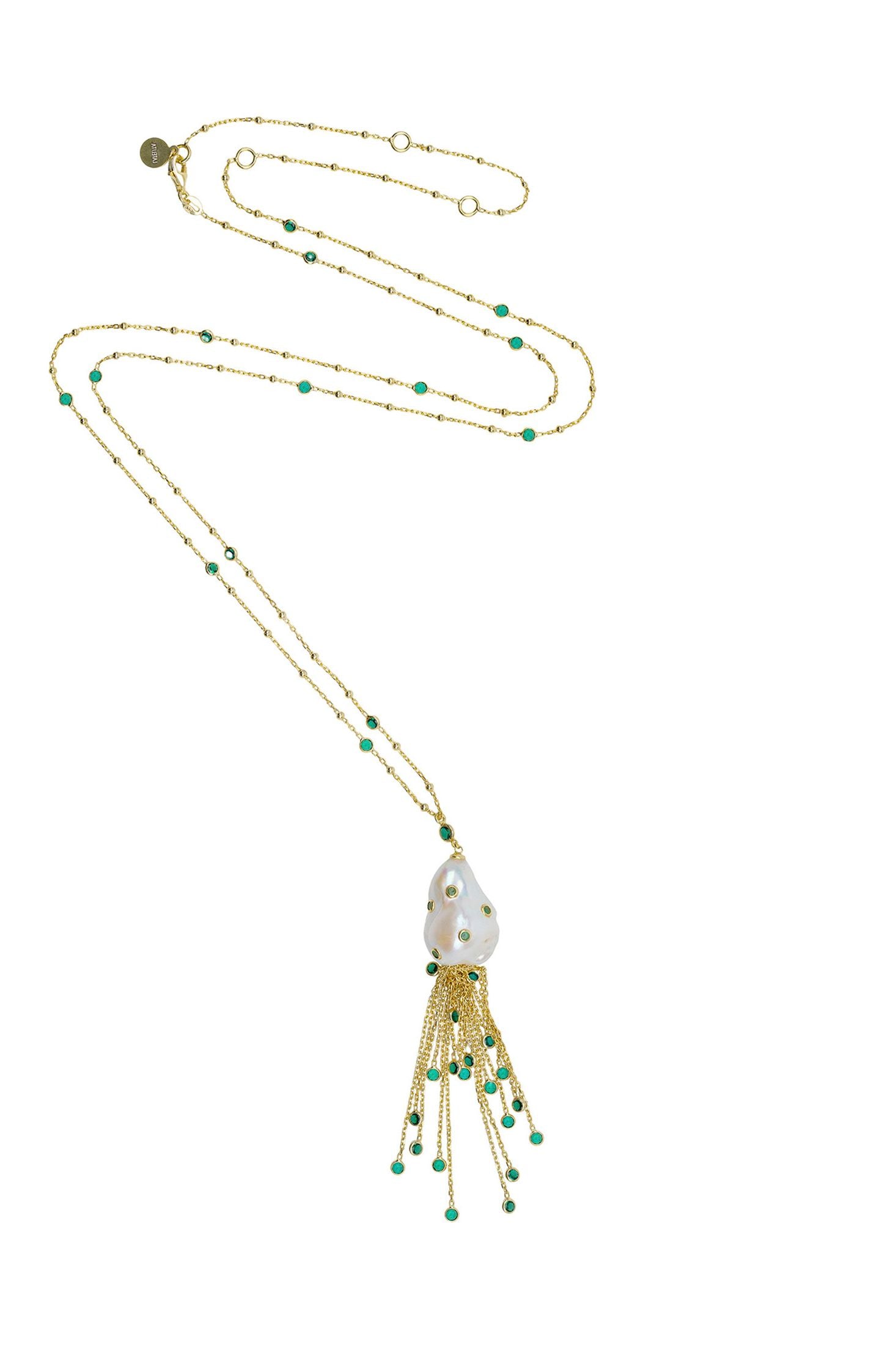 Angled view of Polka Dot Baroque Pearl Tassel Necklace Gold Emerald, showing baroque pearl and pearl detailing, gold finish and the jewellery profile.