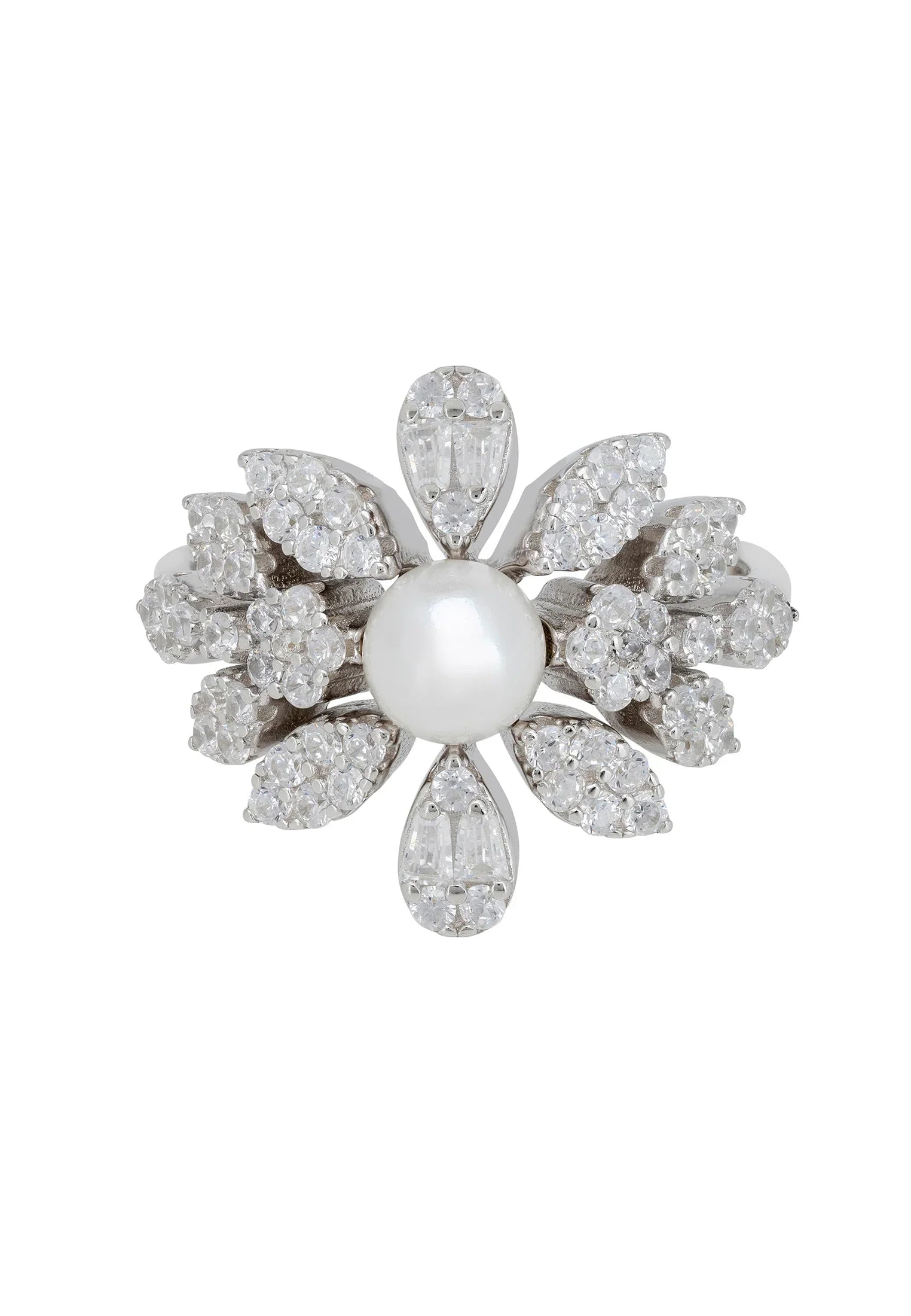 Floral diamond ring with a pearl.
