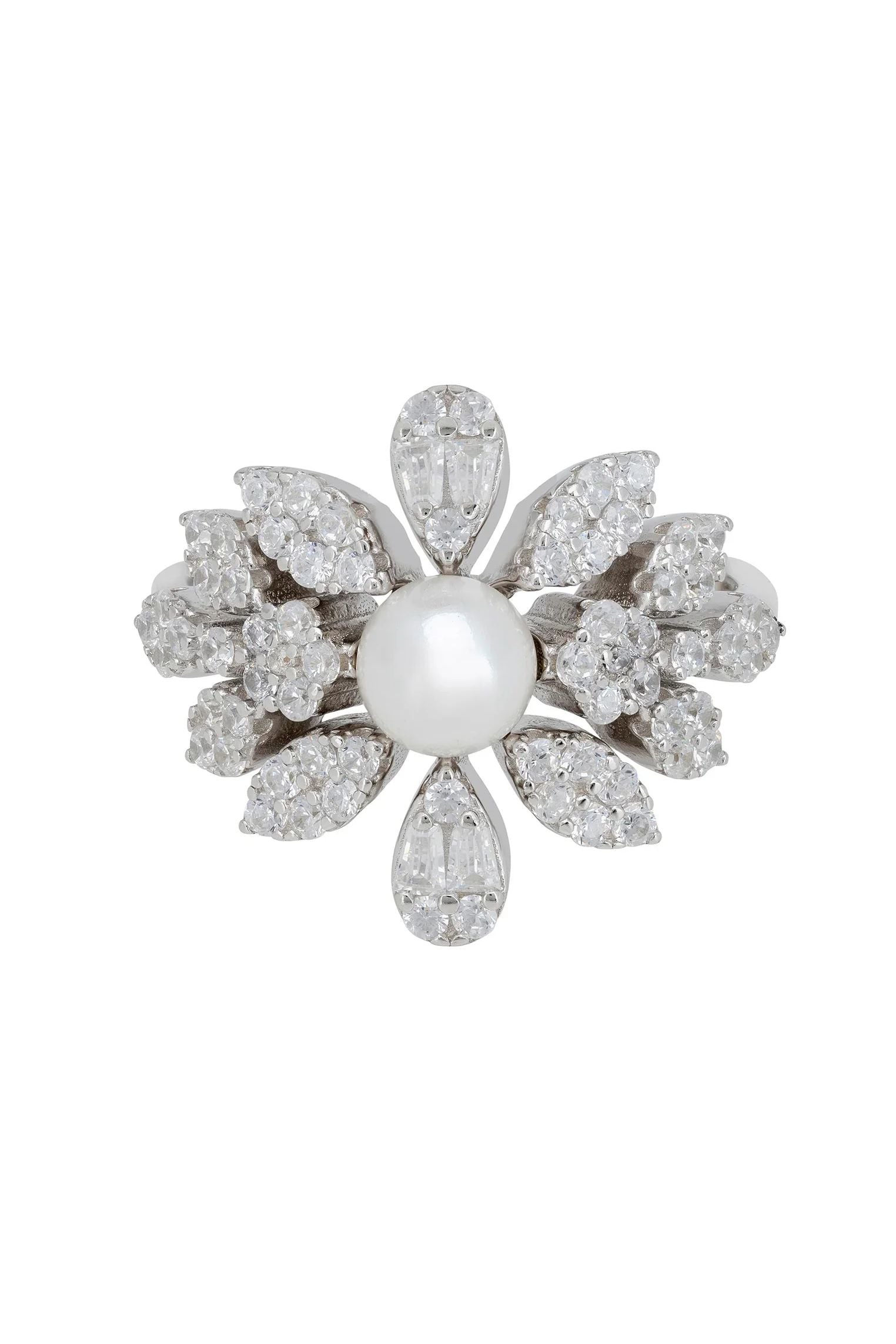 Floral diamond ring with a pearl.
