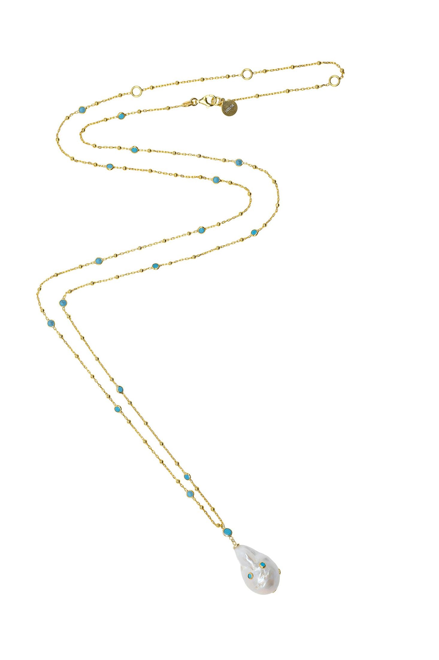 Angled view of Polka Dot Baroque Pearl Long Necklace Gold Turquoise, showing baroque pearl and pearl detailing, gold finish and the jewellery profile.