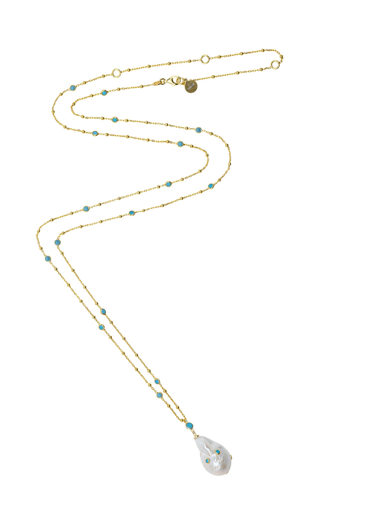 Polka Dot Baroque Pearl Long Necklace Gold Turquoise