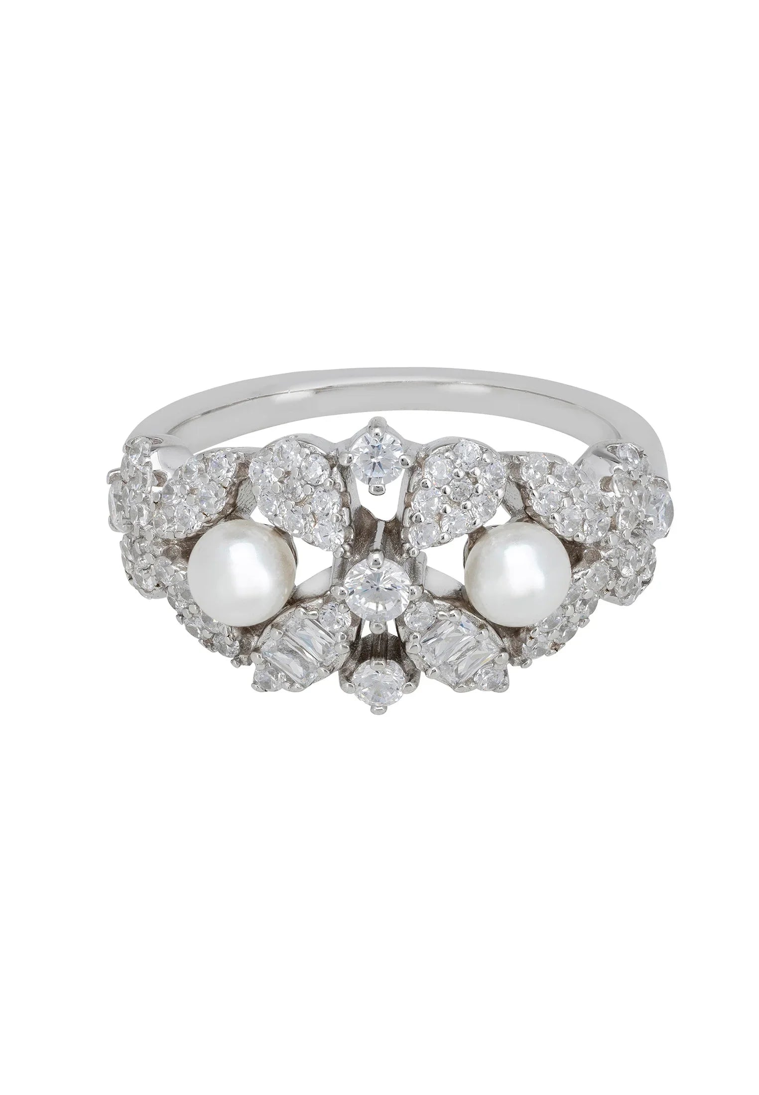 Floral diamond ring with pearls.