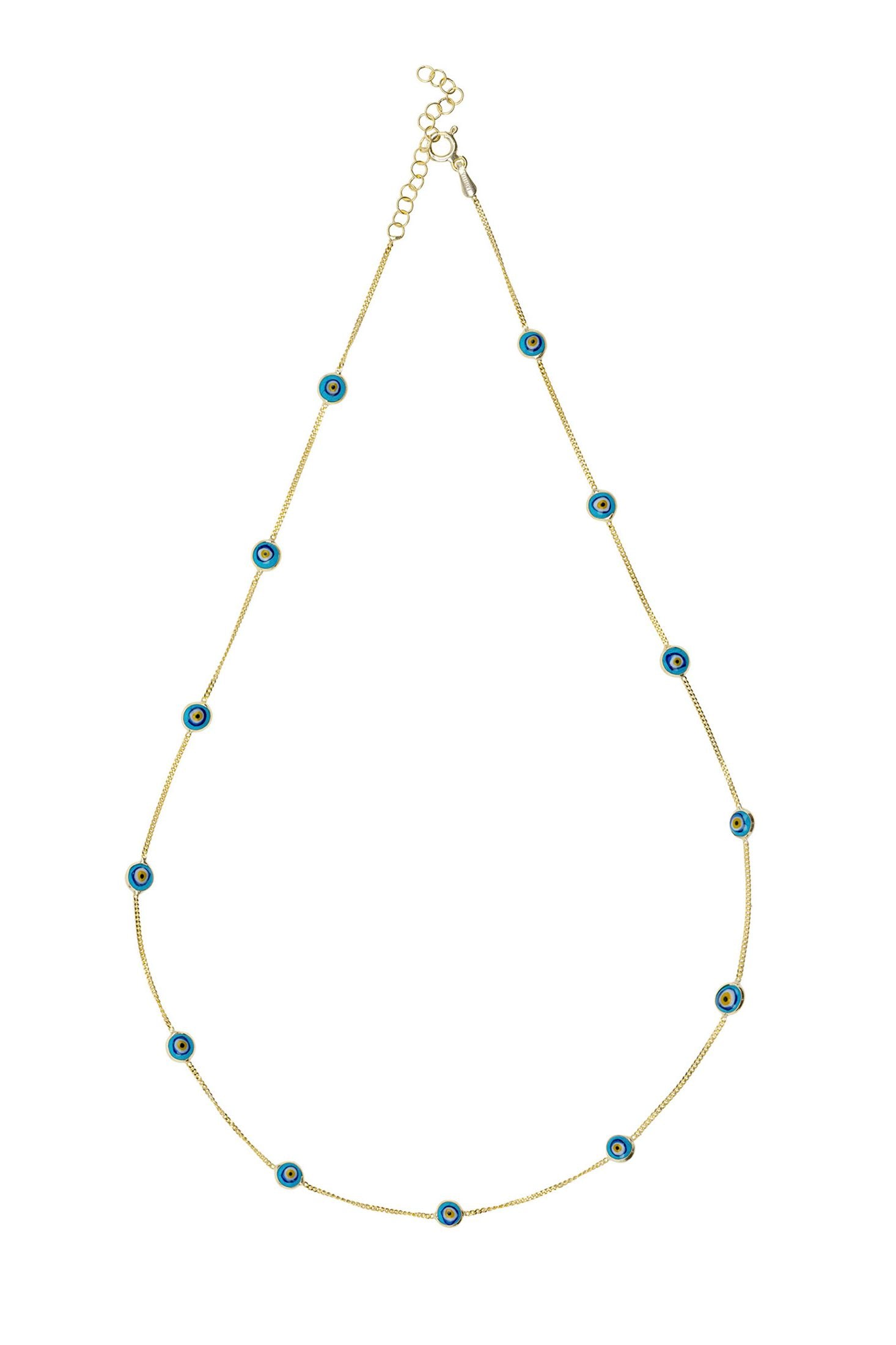 Angled view of Evil Eye Blue Enamel Choker Necklace Gold, showing evil eye design, gold finish and the jewellery profile.
