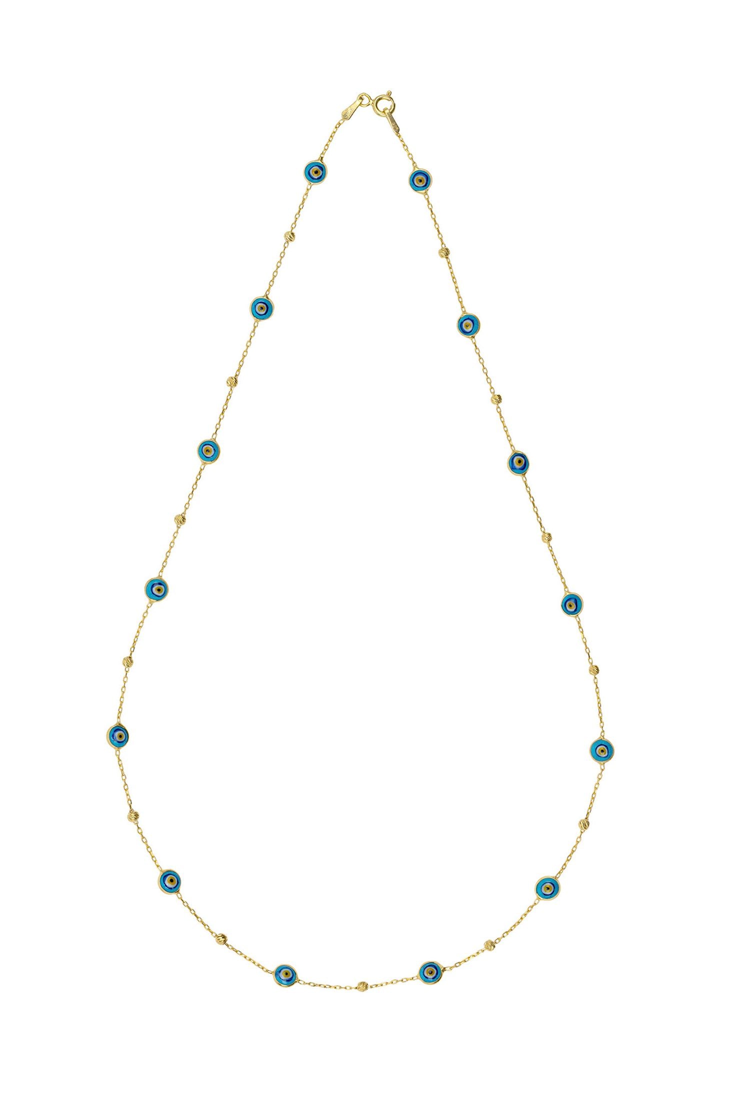 Angled view of Evil Eye Blue Enamel Beaded Chain Choker Necklace Gold, showing evil eye design, gold finish and the jewellery profile.