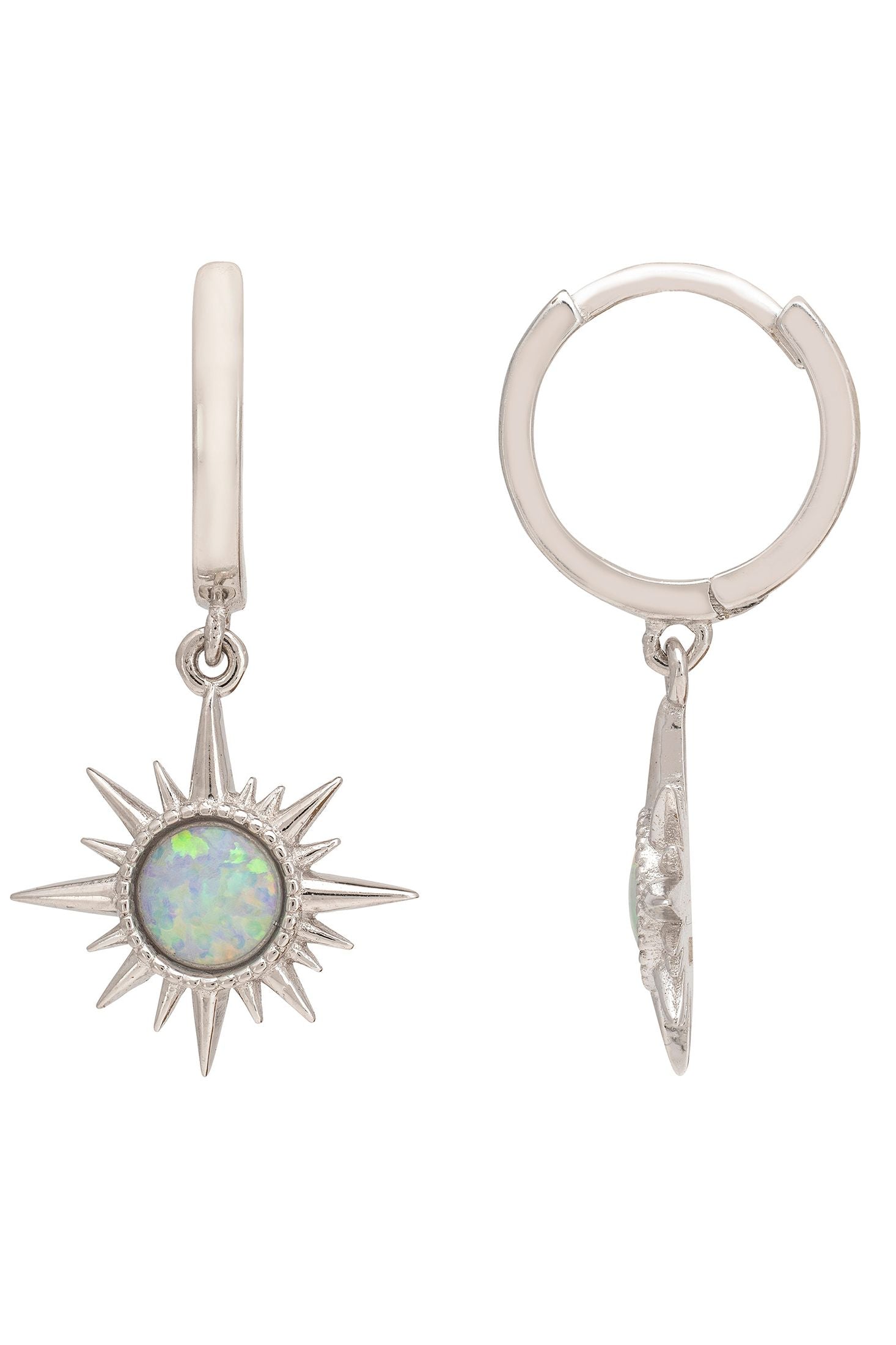 Silver hoop earrings with star-shaped design on a white background