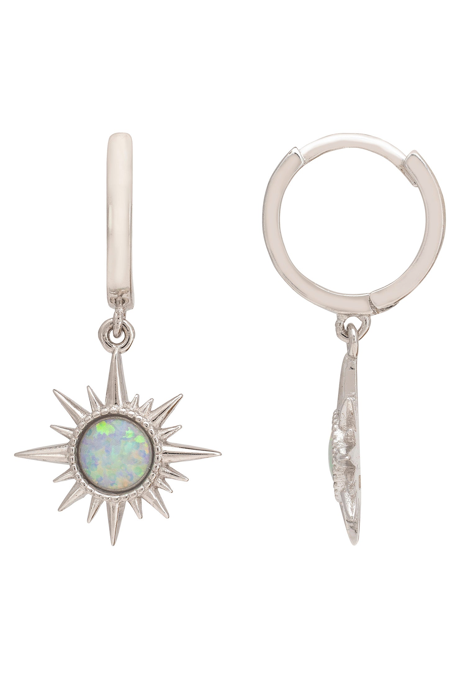 Silver hoop earrings with star-shaped design on a white background